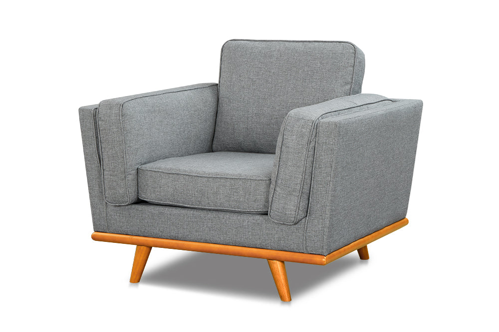 Right Angled Front View of A Modern, Grey, Single, Fabric Artisan Sofa.