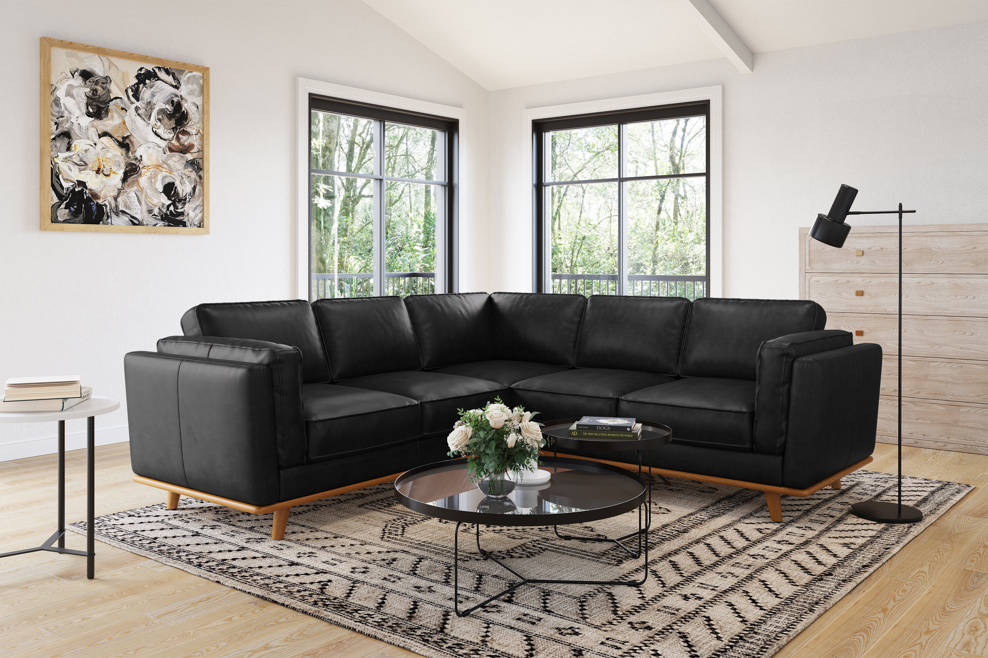 Valencia Artisan L-Shape Corner Leather Sectional Sofa, Black