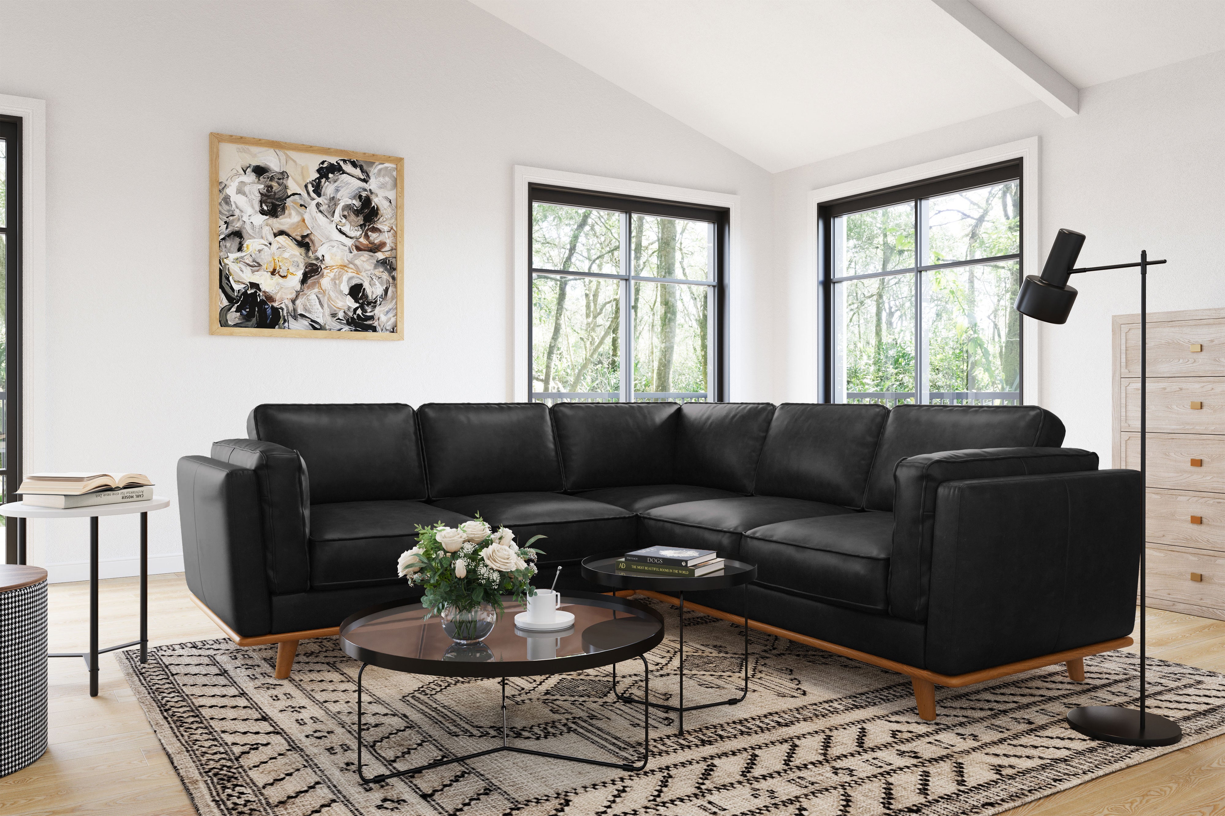 Valencia Artisan L-Shape Corner Leather Sectional Sofa, Black