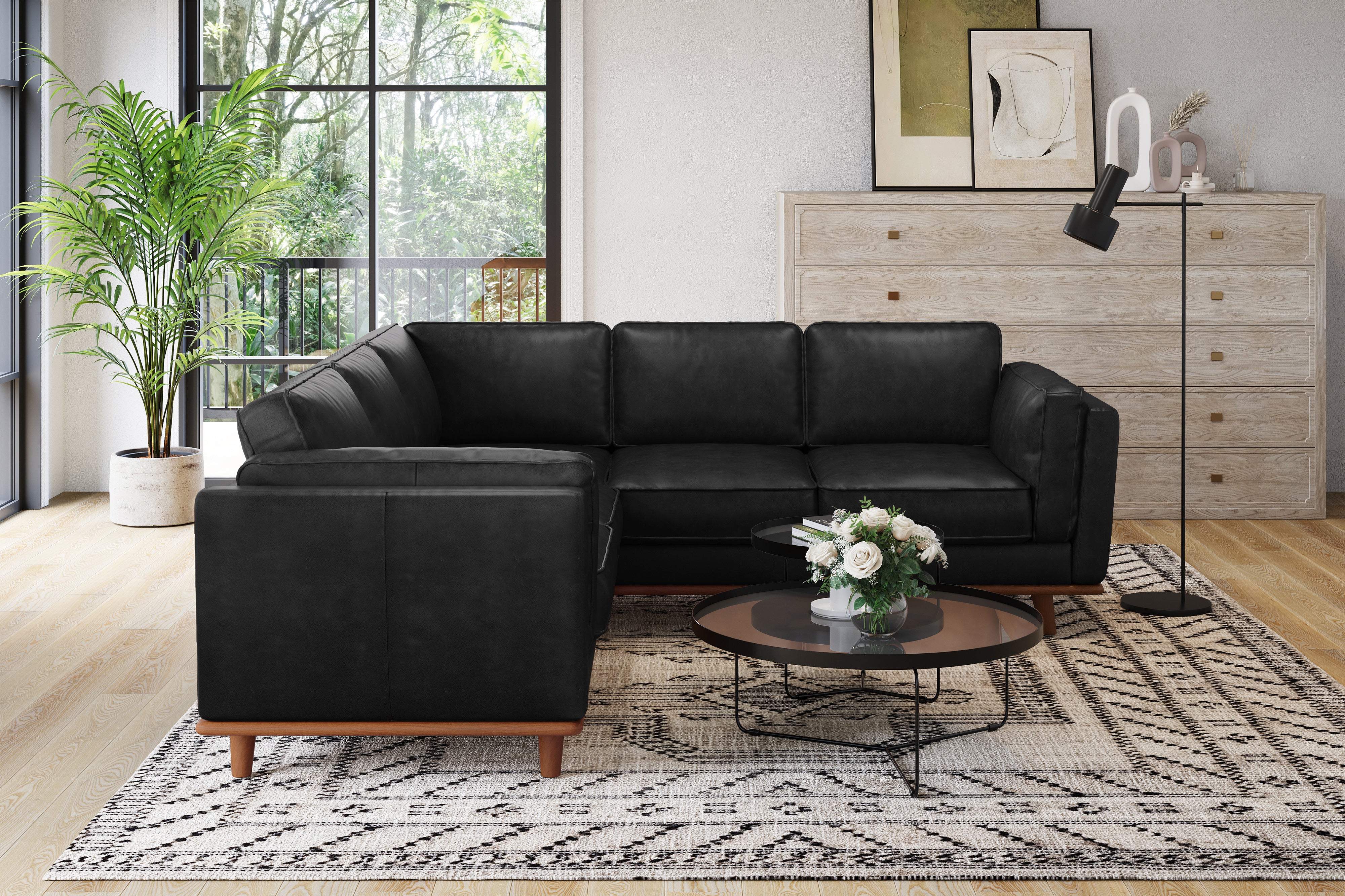 Valencia Artisan L-Shape Corner Leather Sectional Sofa, Black