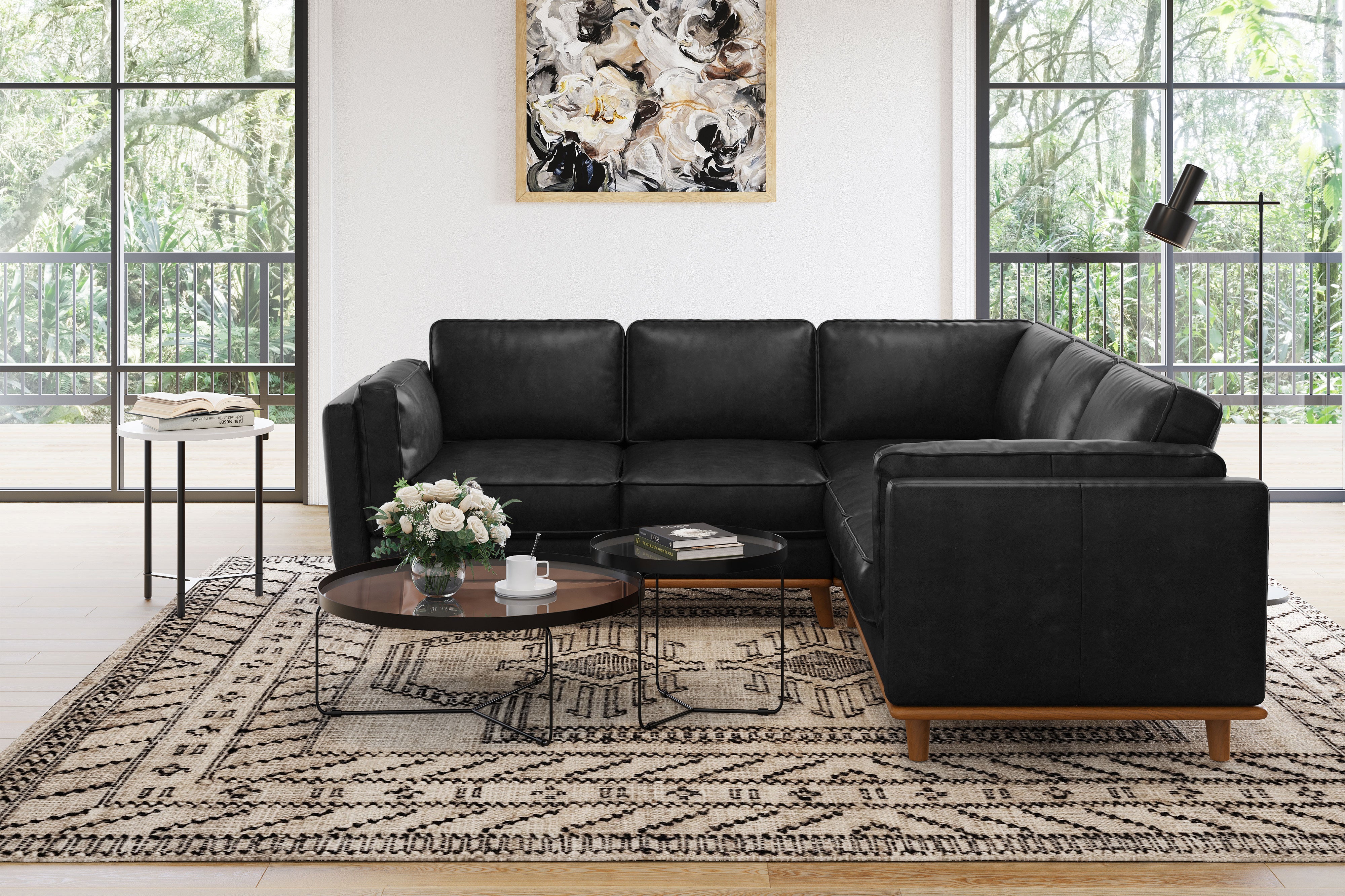 Valencia Artisan L-Shape Corner Leather Sectional Sofa, Black