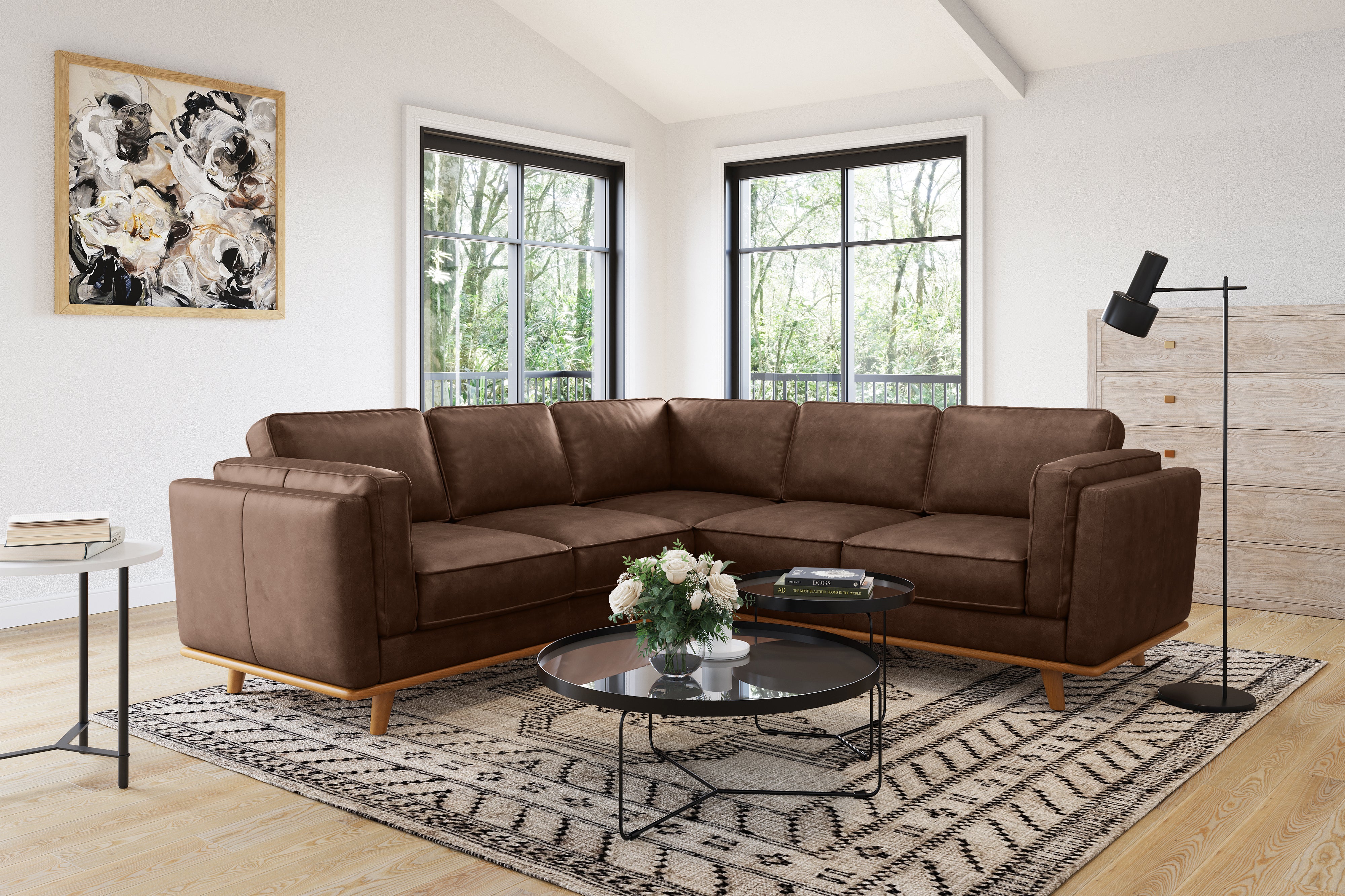 Valencia Artisan L-Shape Corner Leather Sectional Sofa, Dark Chocolate