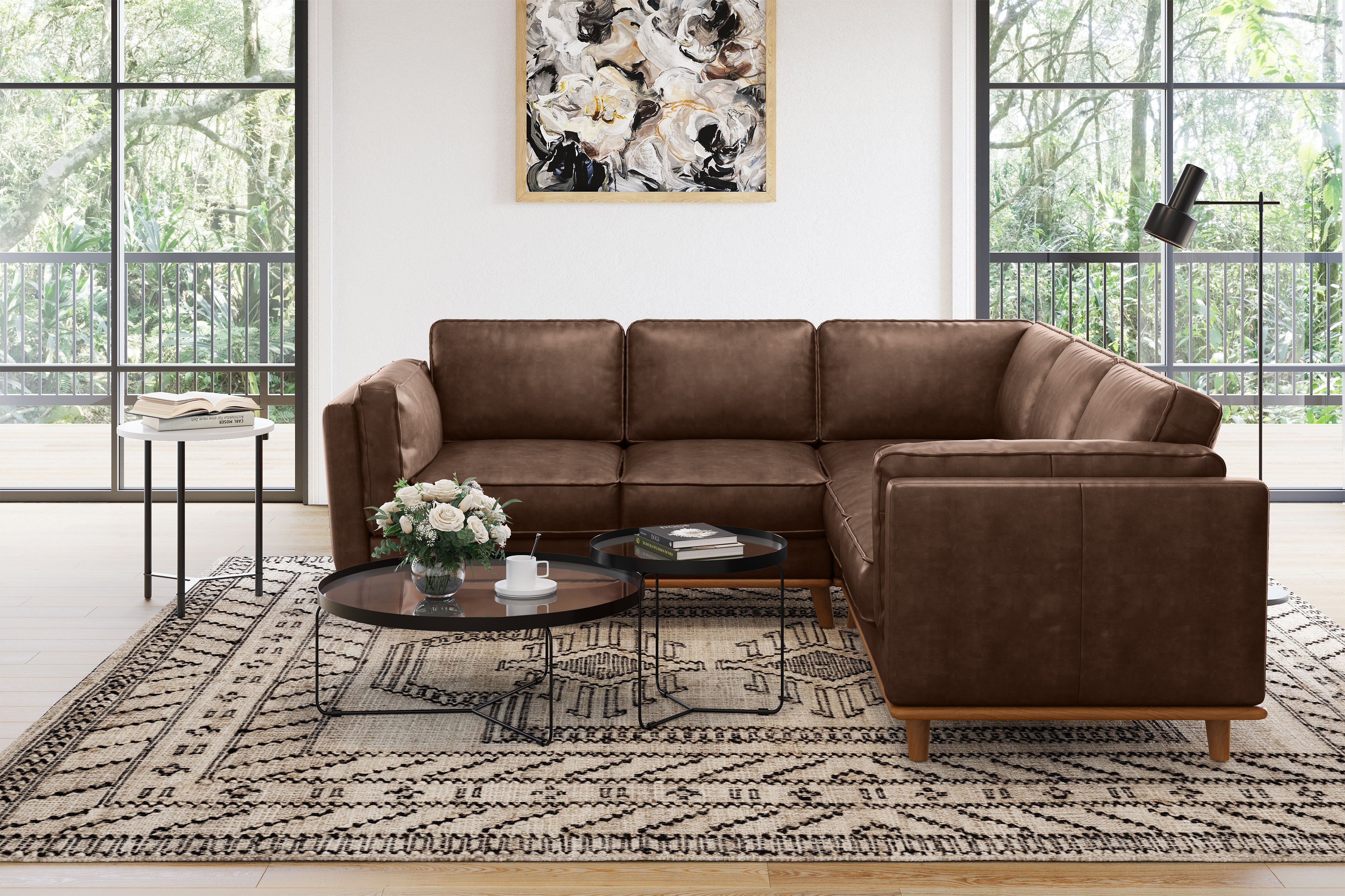 Valencia Artisan L-Shape Corner Leather Sectional Sofa, Dark Chocolate