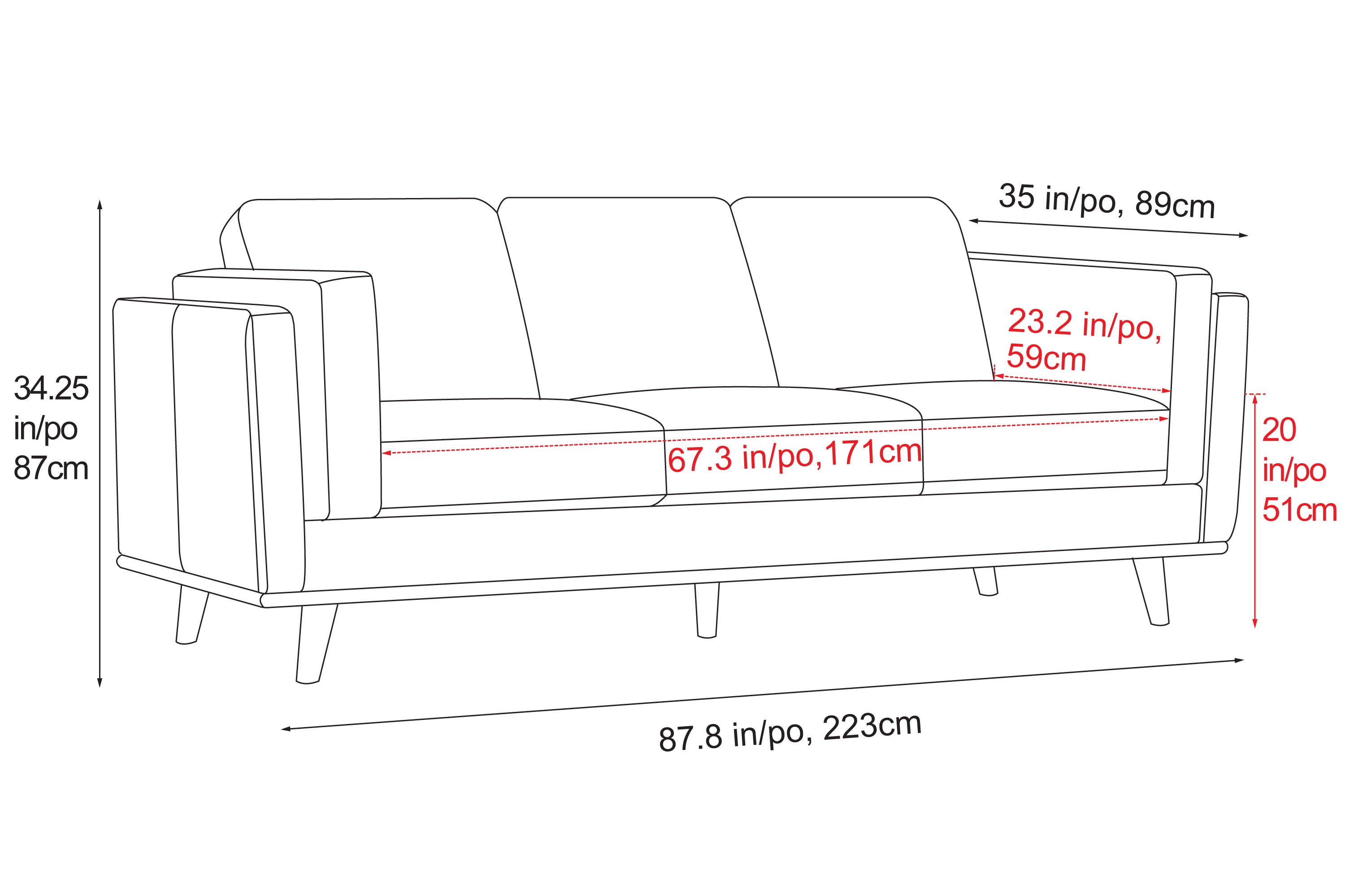 Dimension of A Modern, Cognac, Three Seats, Leather Artisan Sofa, Overall Height 34.25" Inches/87CM, Overall Wide 87.8" Inches/223CM, Overall Depth 34.25" Inches/87CM, Seat Depth 23.2" Inches/59CM, Seat Height 20" inches/51CM, Seat Width 67.3" inches/171CM