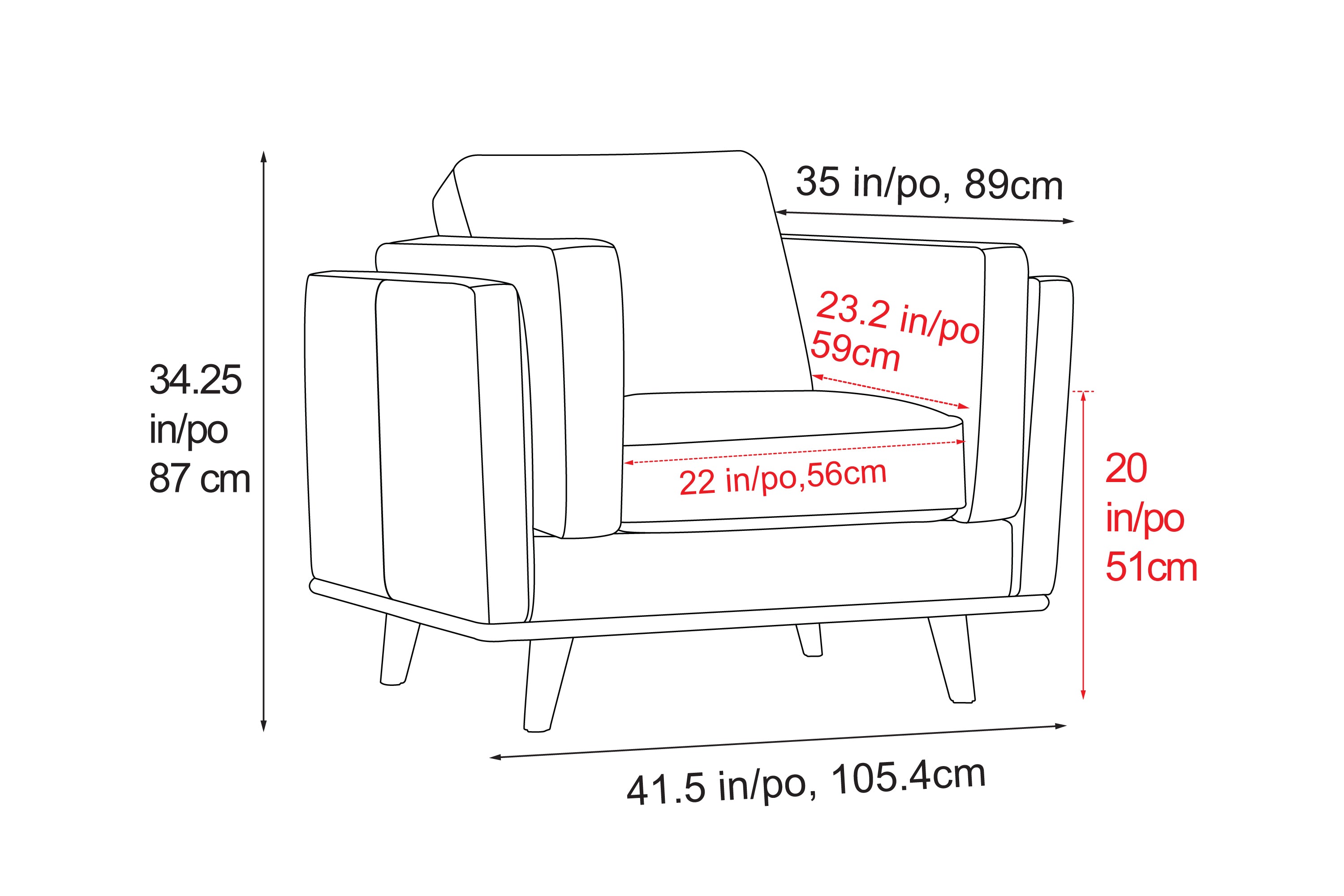 Dimension of A Modern, Cognac, Single, Leather Artisan Sofa, Overall Height 34.25" Inches/87CM, Overall Wide 41.5" Inches/105.4CM, Overall Depth 34.25" Inches/87CM, Seat Depth 23.2" Inches/59CM, Seat Height 20" inches/51CM, Seat Width 22" inches/56CM