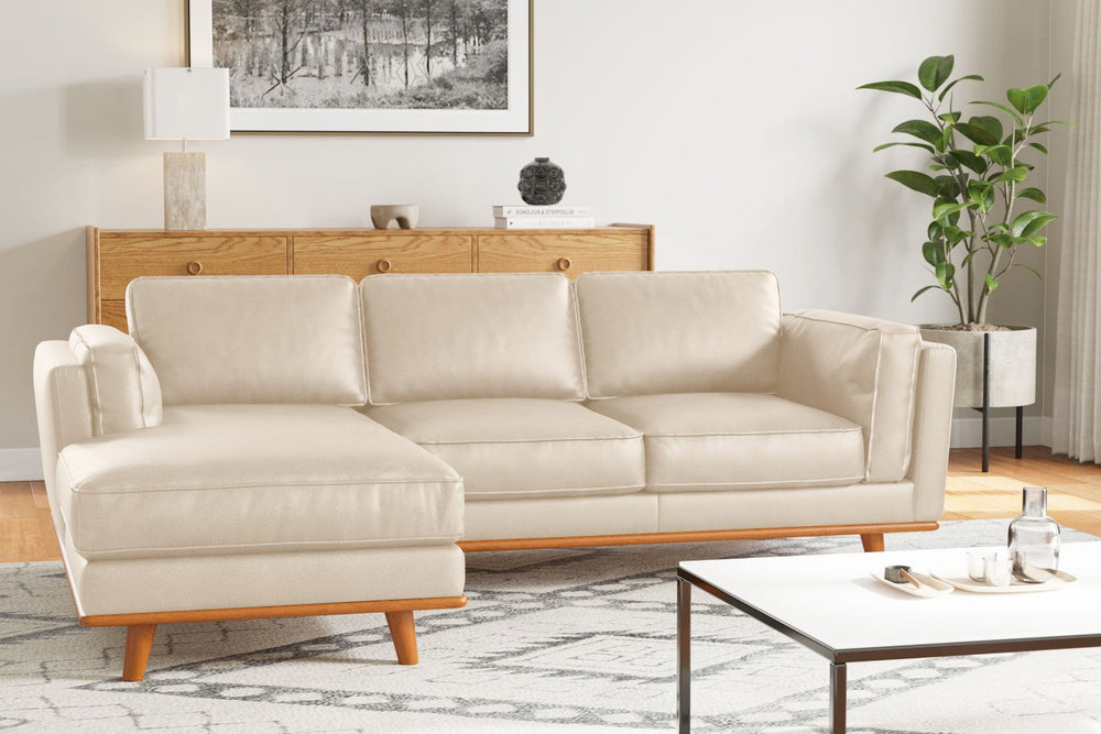 Valencia Artisan Top Grain Leather Three Seats with Left Chaise Leather Sofa, Beige Color