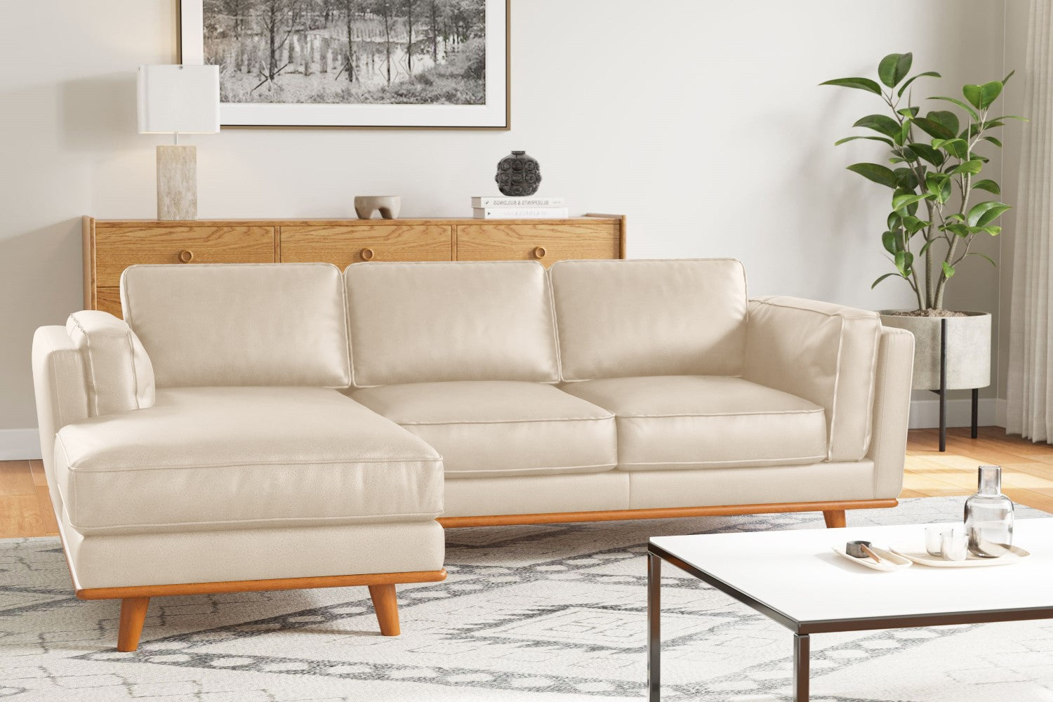 Valencia Artisan Top Grain Leather Three Seats with Left Chaise Leather Sofa, Beige Color