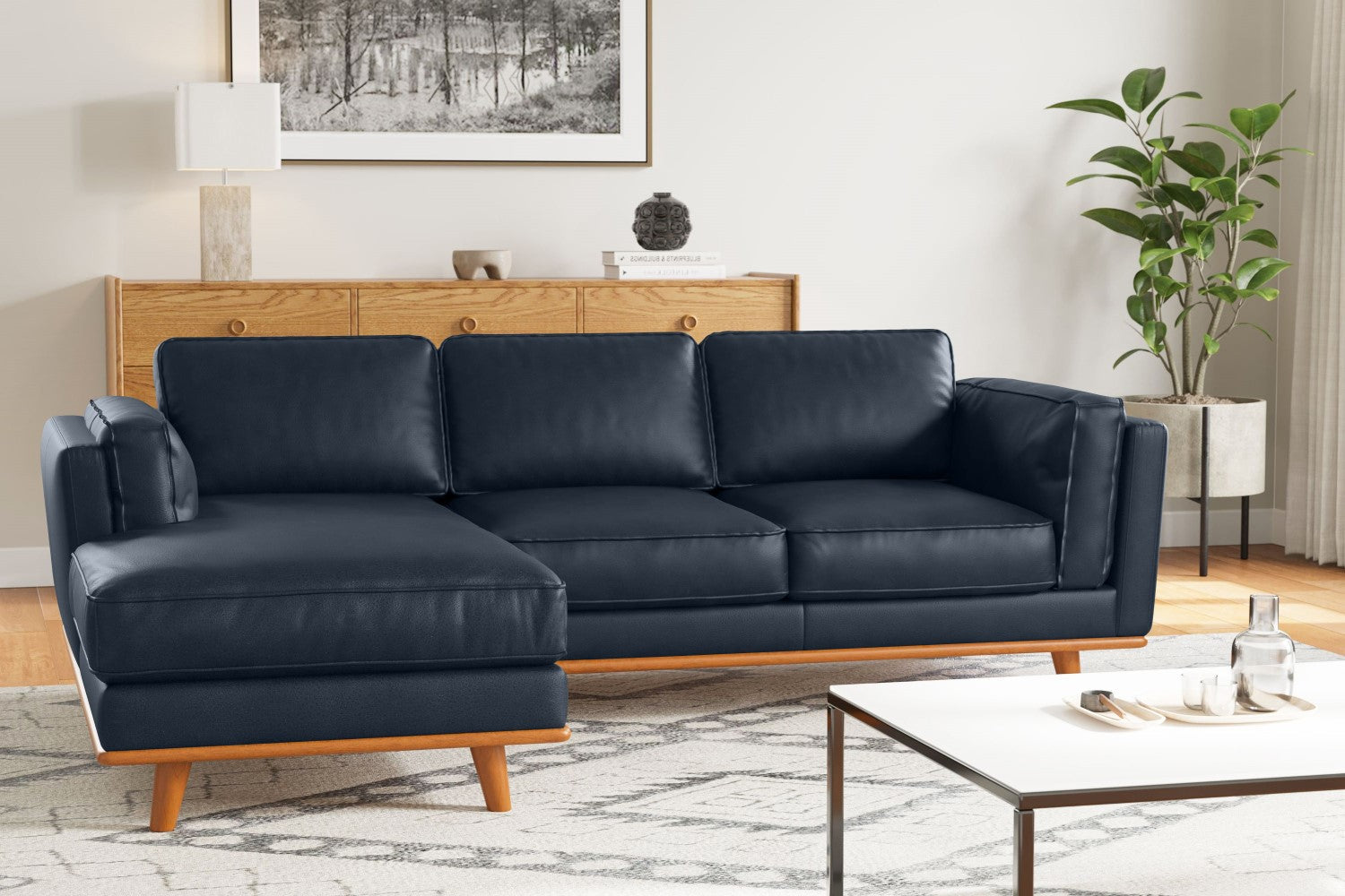 Valencia Artisan Top Grain Leather Three Seats with Left Chaise Leather Sofa, Blue Color