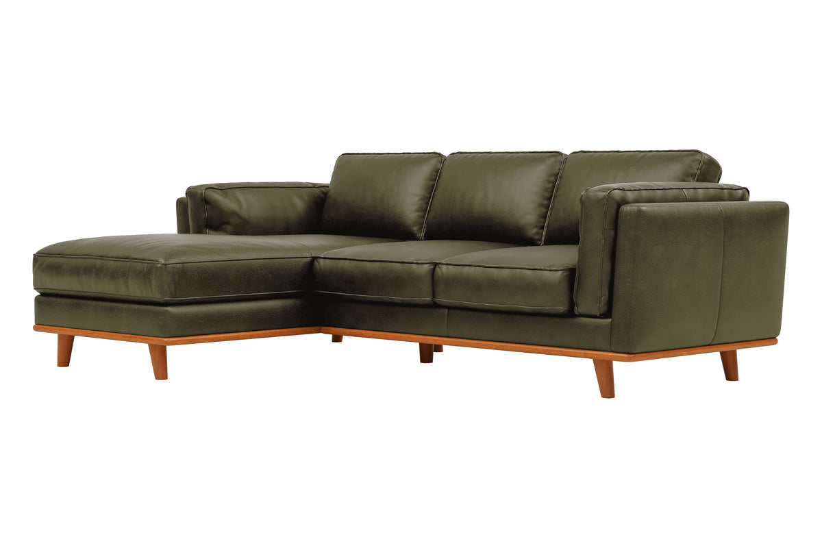 Valencia Artisan Top Grain Leather Three Seats with Left Chaise Leather Sofa, Olive Green