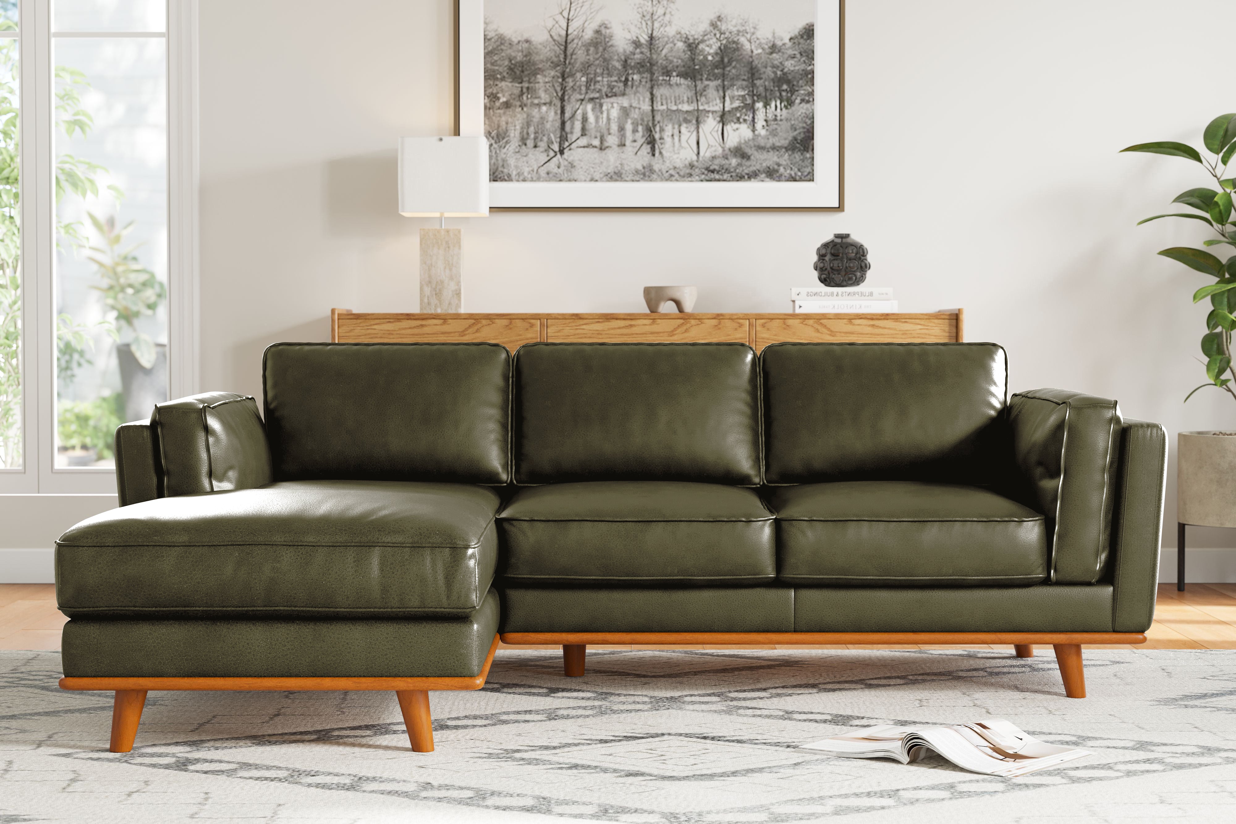 Valencia Artisan Top Grain Leather Three Seats with Left Chaise Leather Sofa, Olive Green