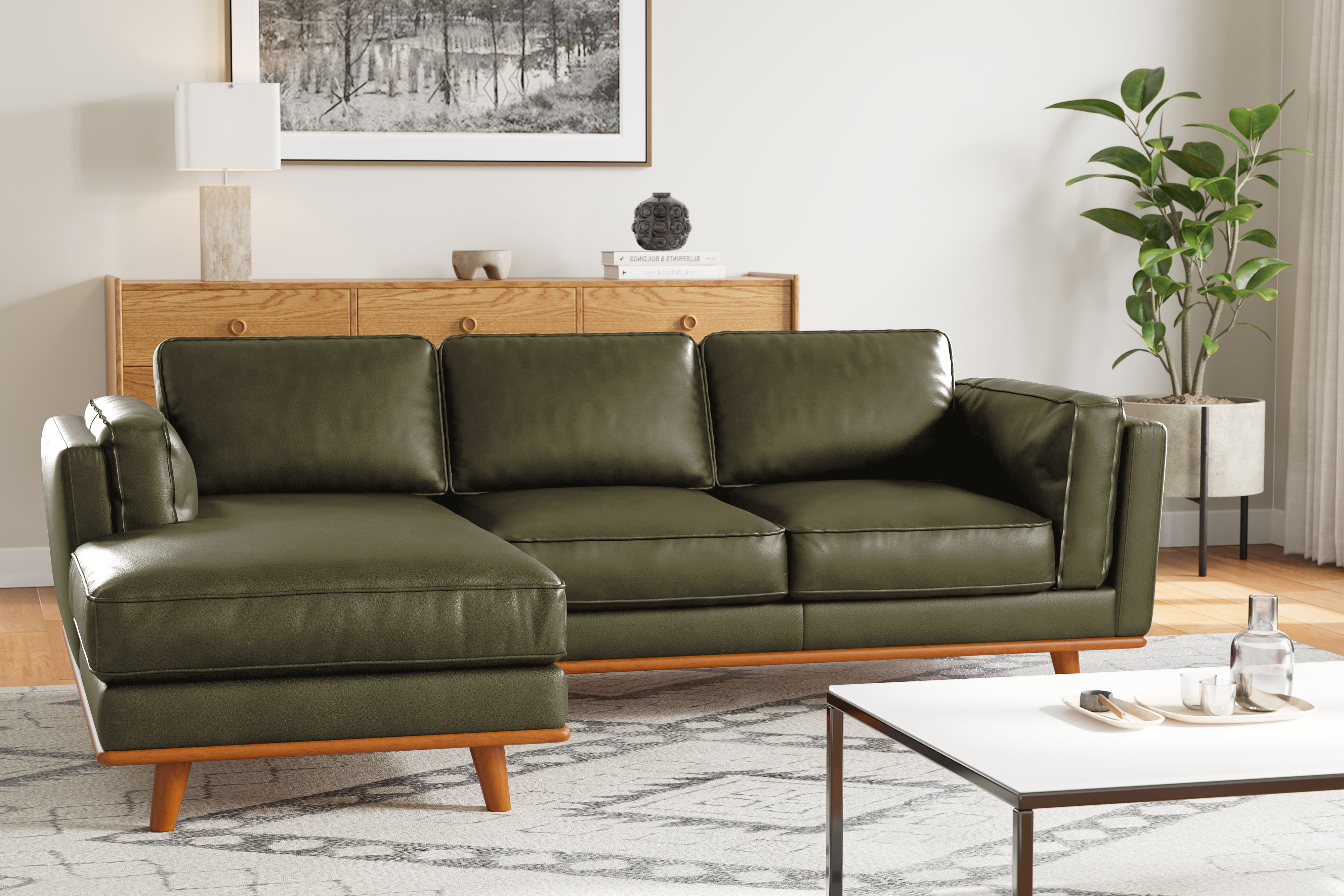 Valencia Artisan Top Grain Leather Three Seats with Left Chaise Leather Sofa, Olive Green