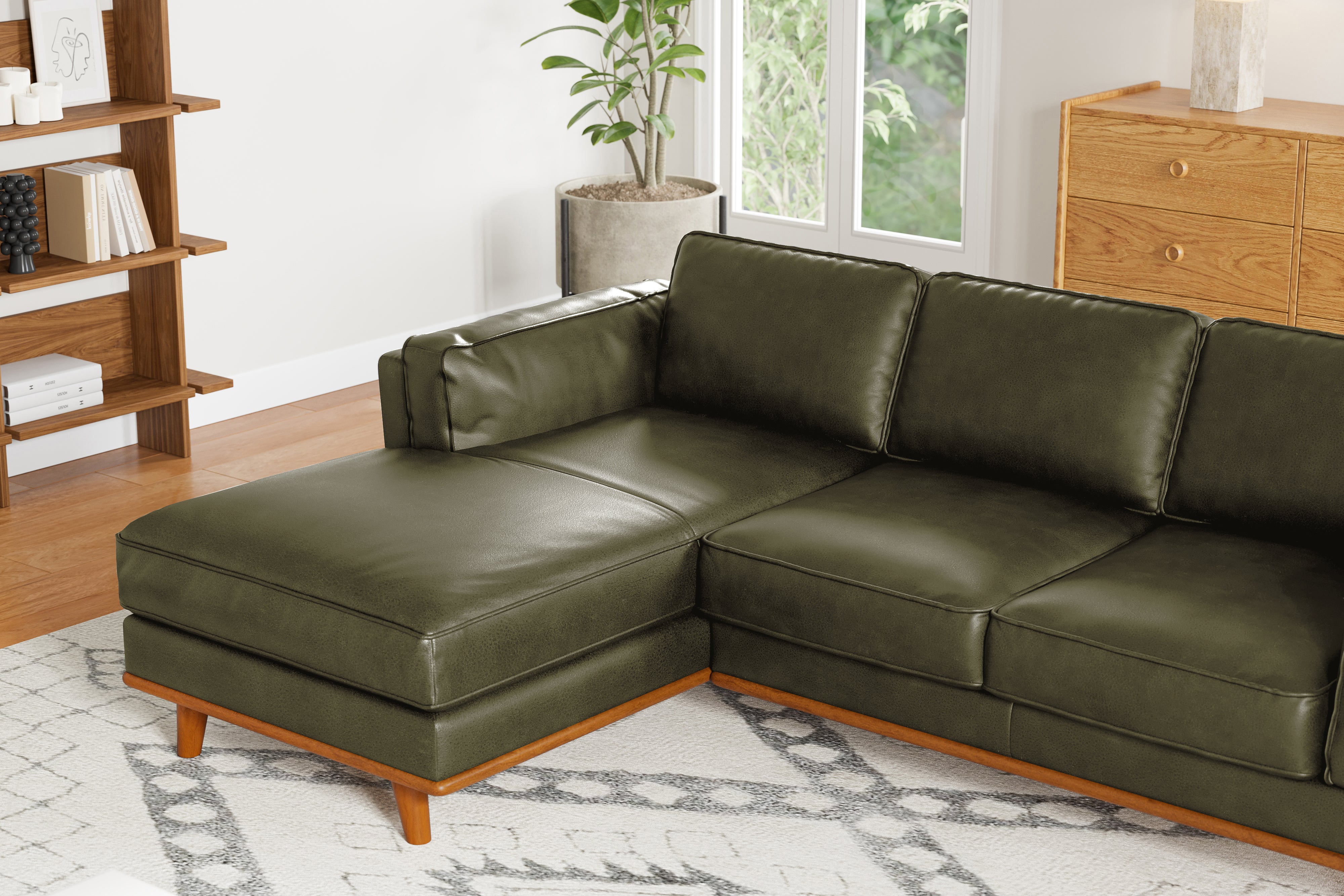 Valencia Artisan Top Grain Leather Three Seats with Left Chaise Leather Sofa, Olive Green