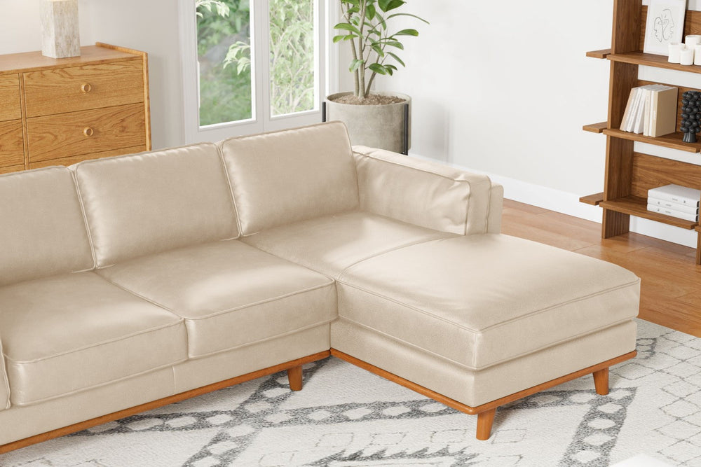 Valencia Artisan Top Grain Leather Three Seats with Right Chaise Leather Sofa, Beige Color