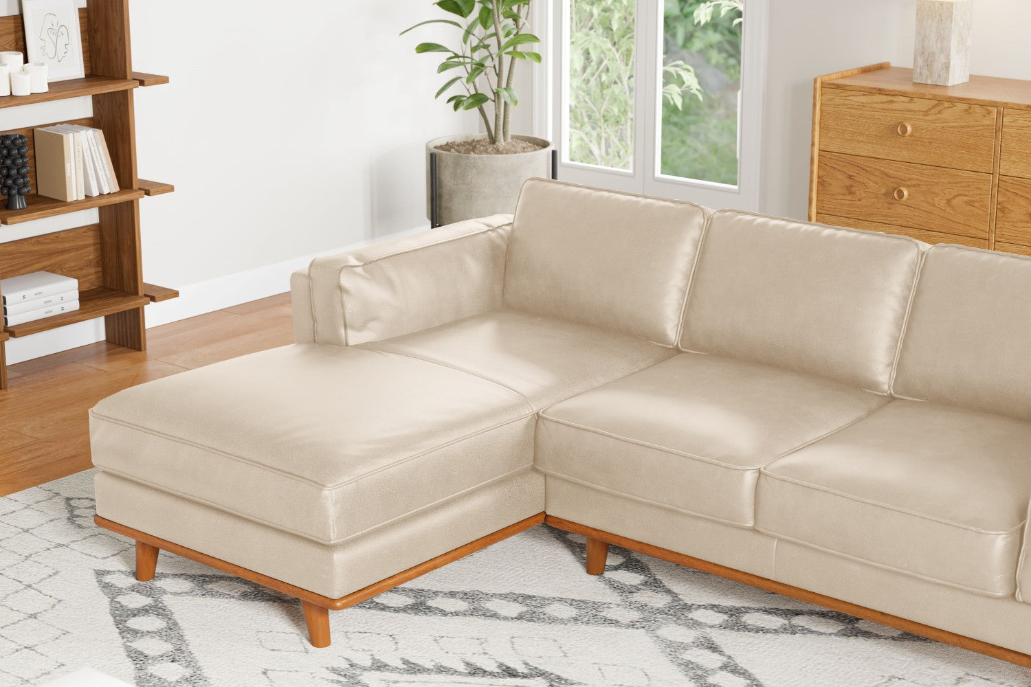 Valencia Artisan Top Grain Leather Three Seats with Right Chaise Leather Sofa, Beige Color