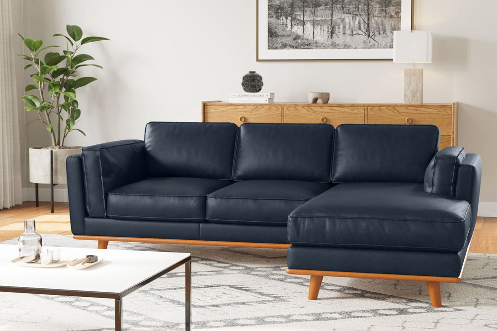 Valencia Artisan Top Grain Leather Three Seats with Right Chaise Leather Sofa, Blue Color