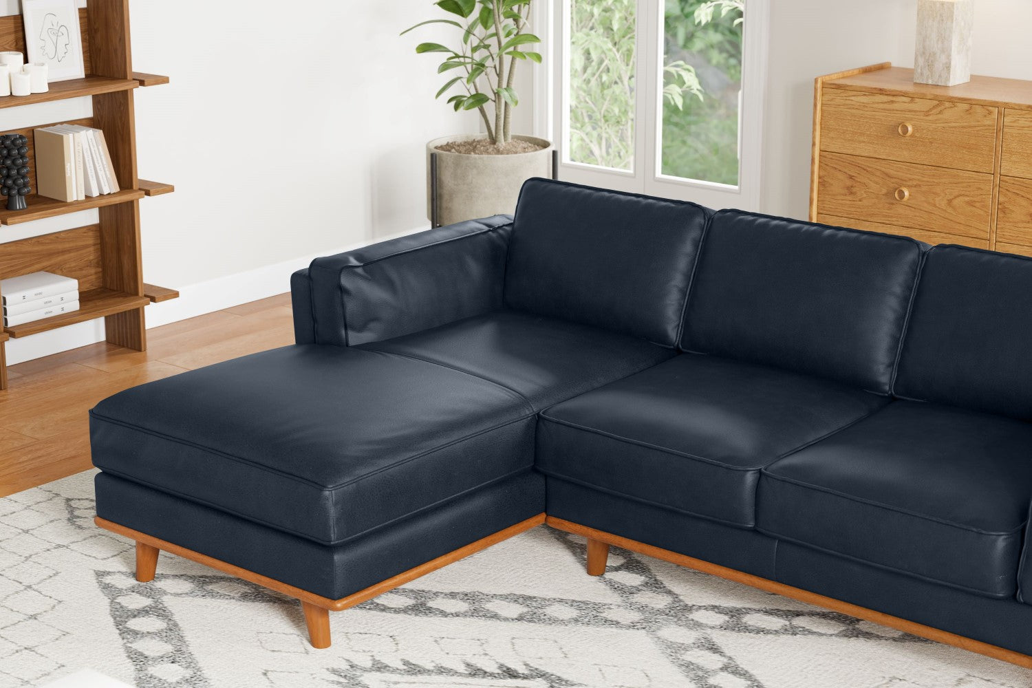 Valencia Artisan Top Grain Leather Three Seats with Right Chaise Leather Sofa, Blue Color