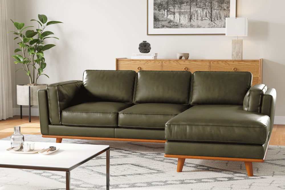 Valencia Artisan Top Grain Leather Three Seats with Right Chaise Leather Sofa, Olive Green