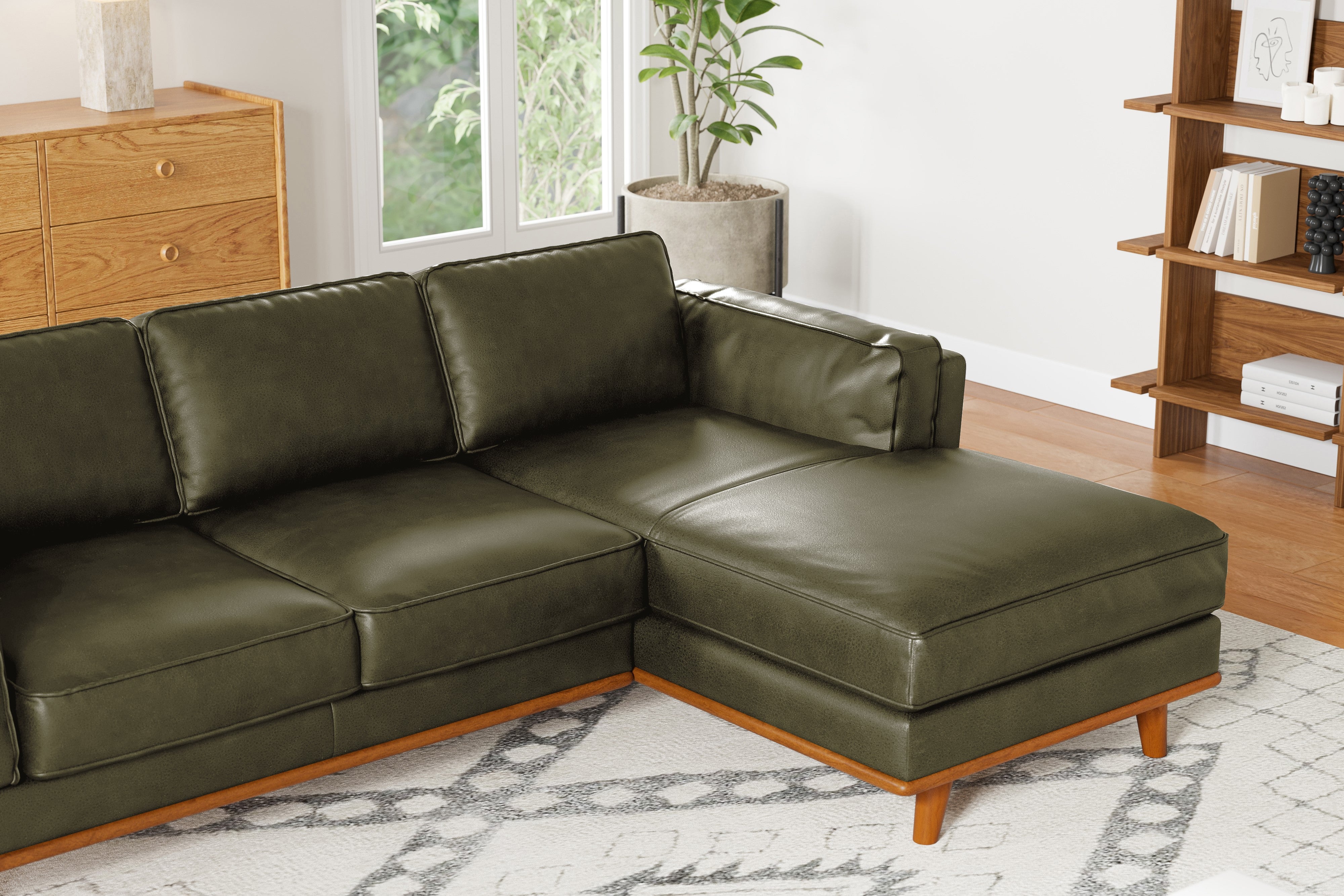 Valencia Artisan Top Grain Leather Three Seats with Right Chaise Leather Sofa, Olive Green