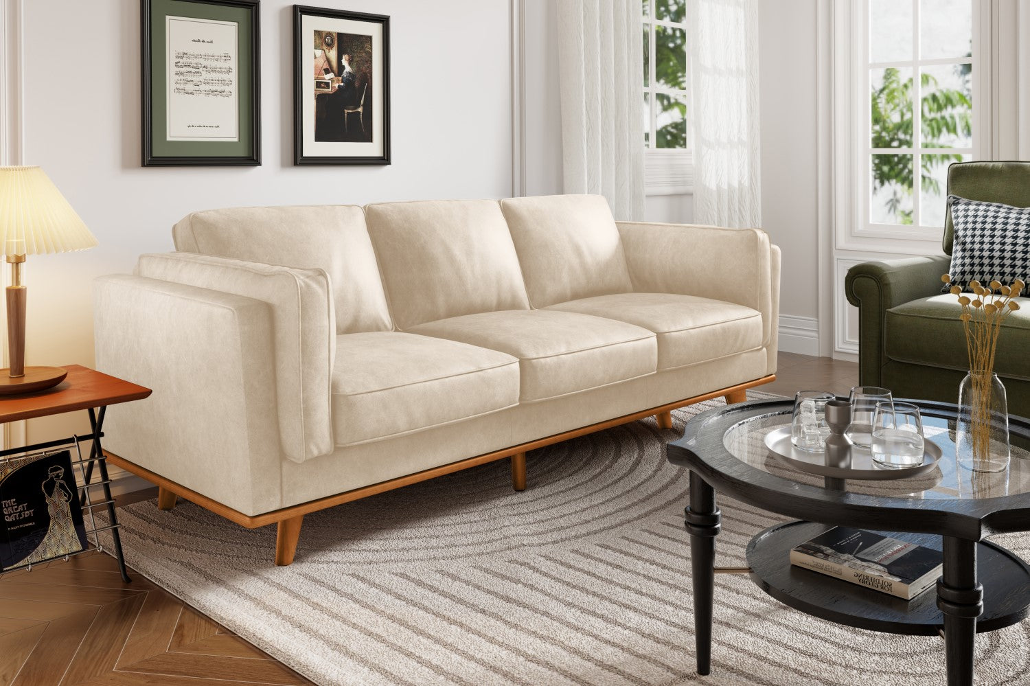 Valencia Artisan Wide Three Seats Leather Sofa, Beige Color