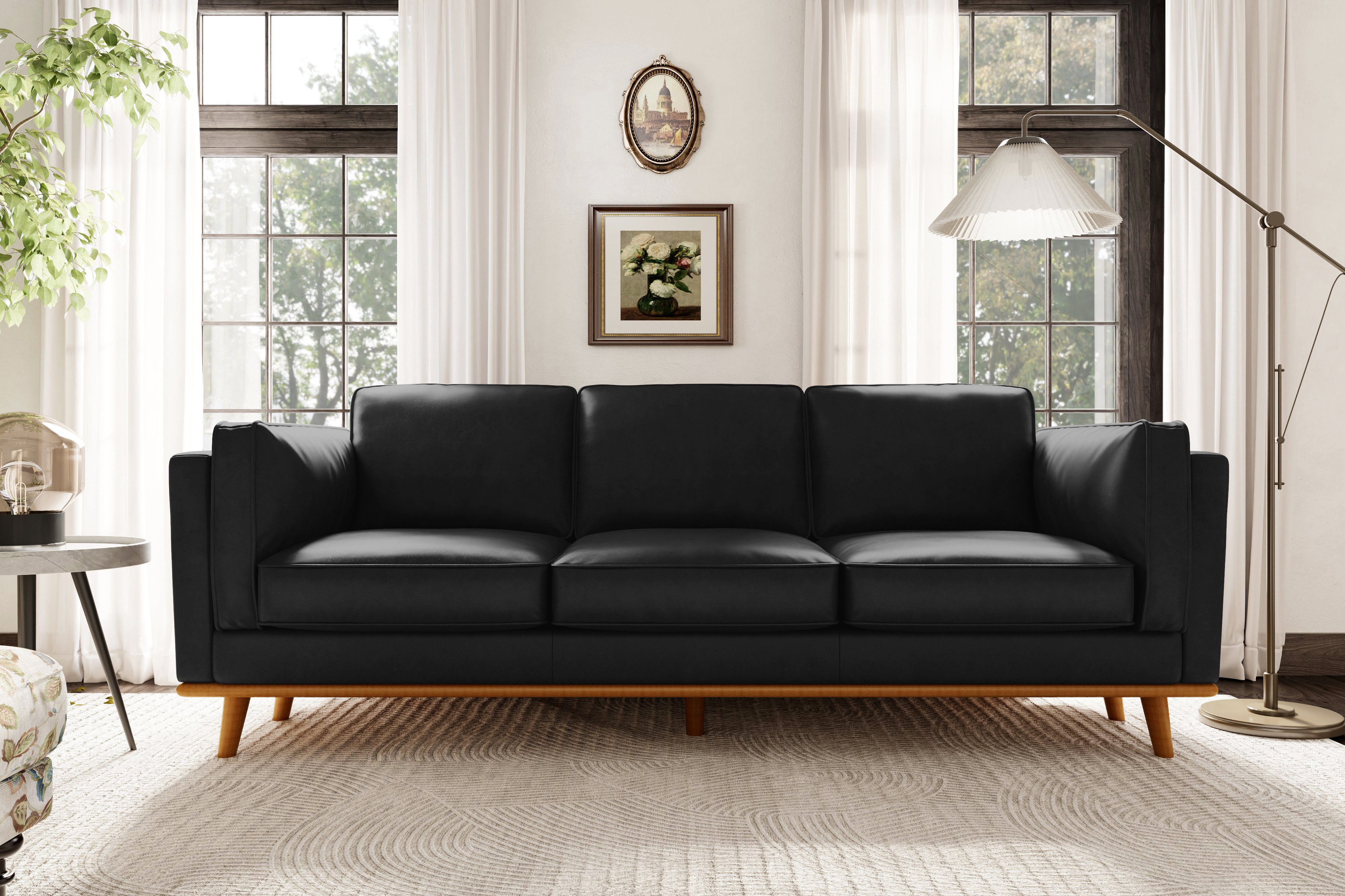 Valencia Artisan Wide Three Seats Leather Sofa, Black