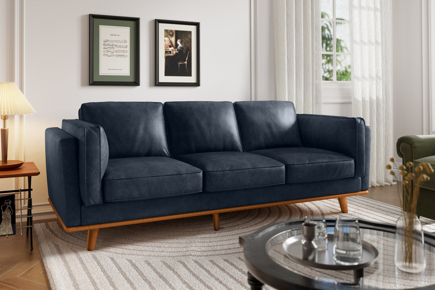 Valencia Artisan Wide Three Seats Leather Sofa, Blue Color