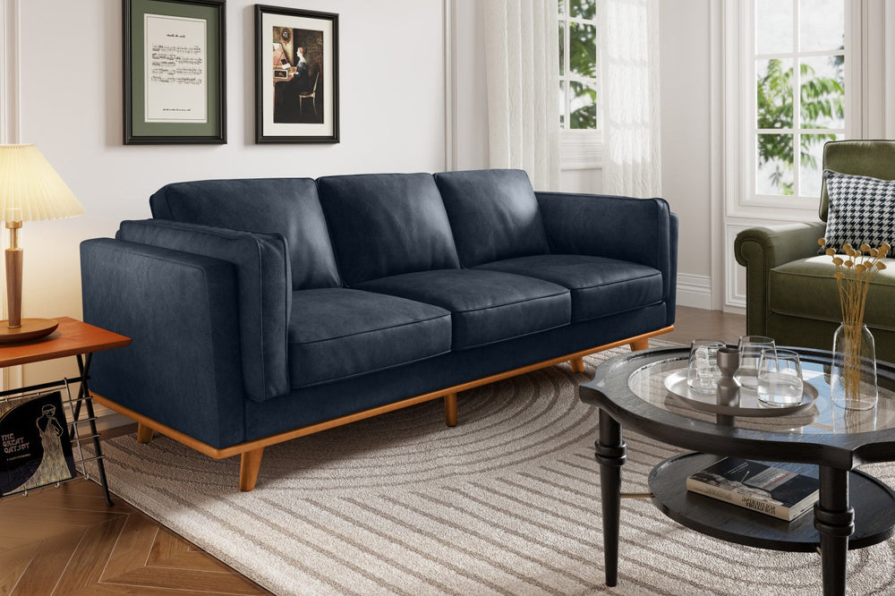 Valencia Artisan Wide Three Seats Leather Sofa, Blue Color