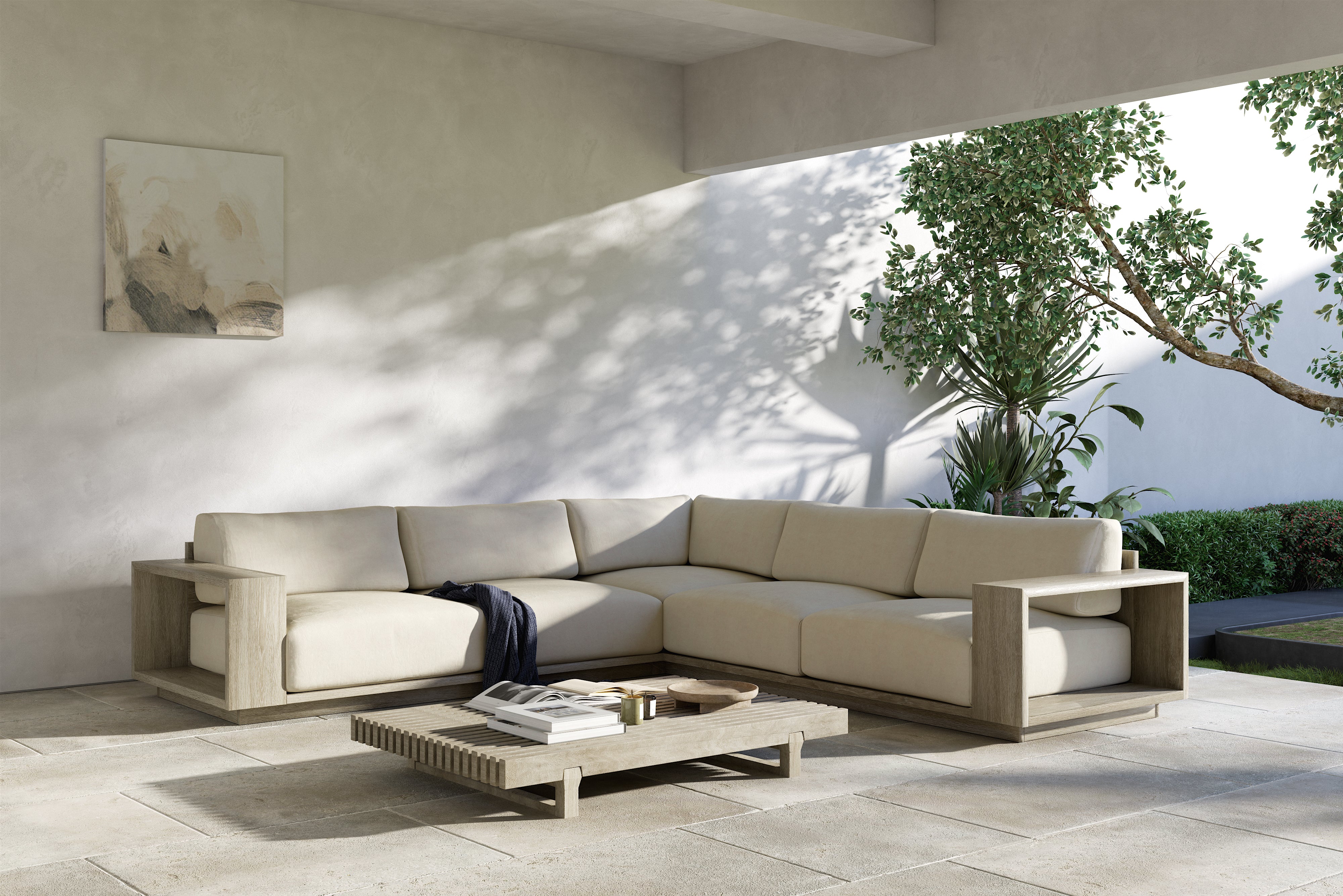 Valencia Bennett Fabric L-Shape Outdoor Sectional Sofa, Ivory