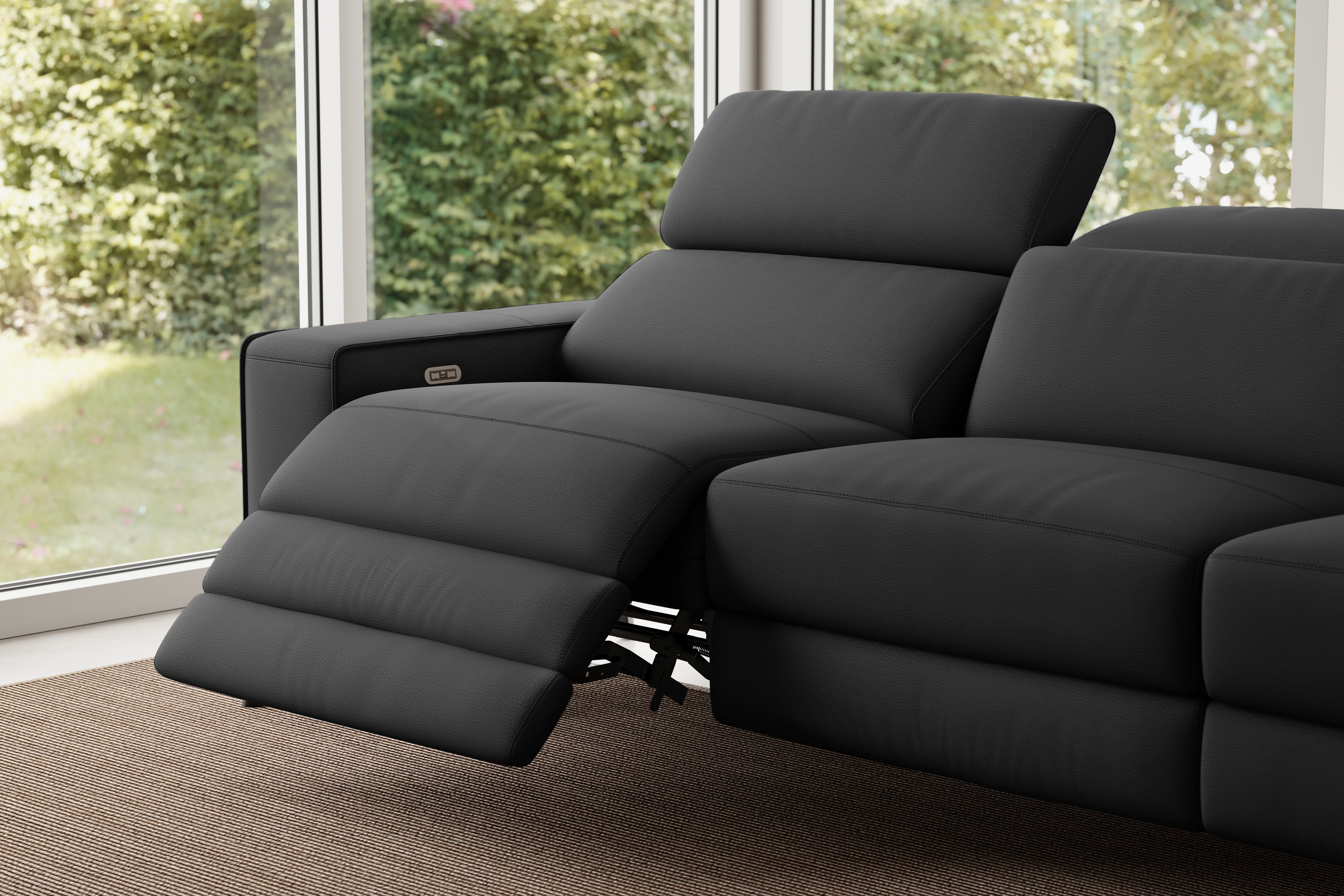 Valencia Esther Top Grain Leather Three Seats with Double Recliners Sofa, Black