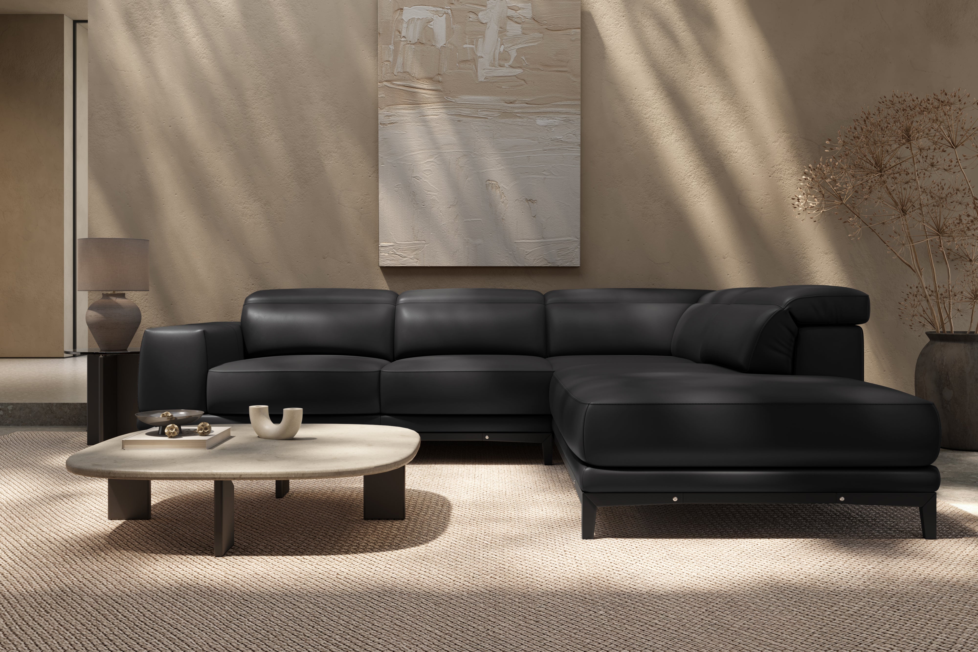 Valencia Valletta Top Grain Leather Sectional L-Shape with Right Chaise Sofa, Black