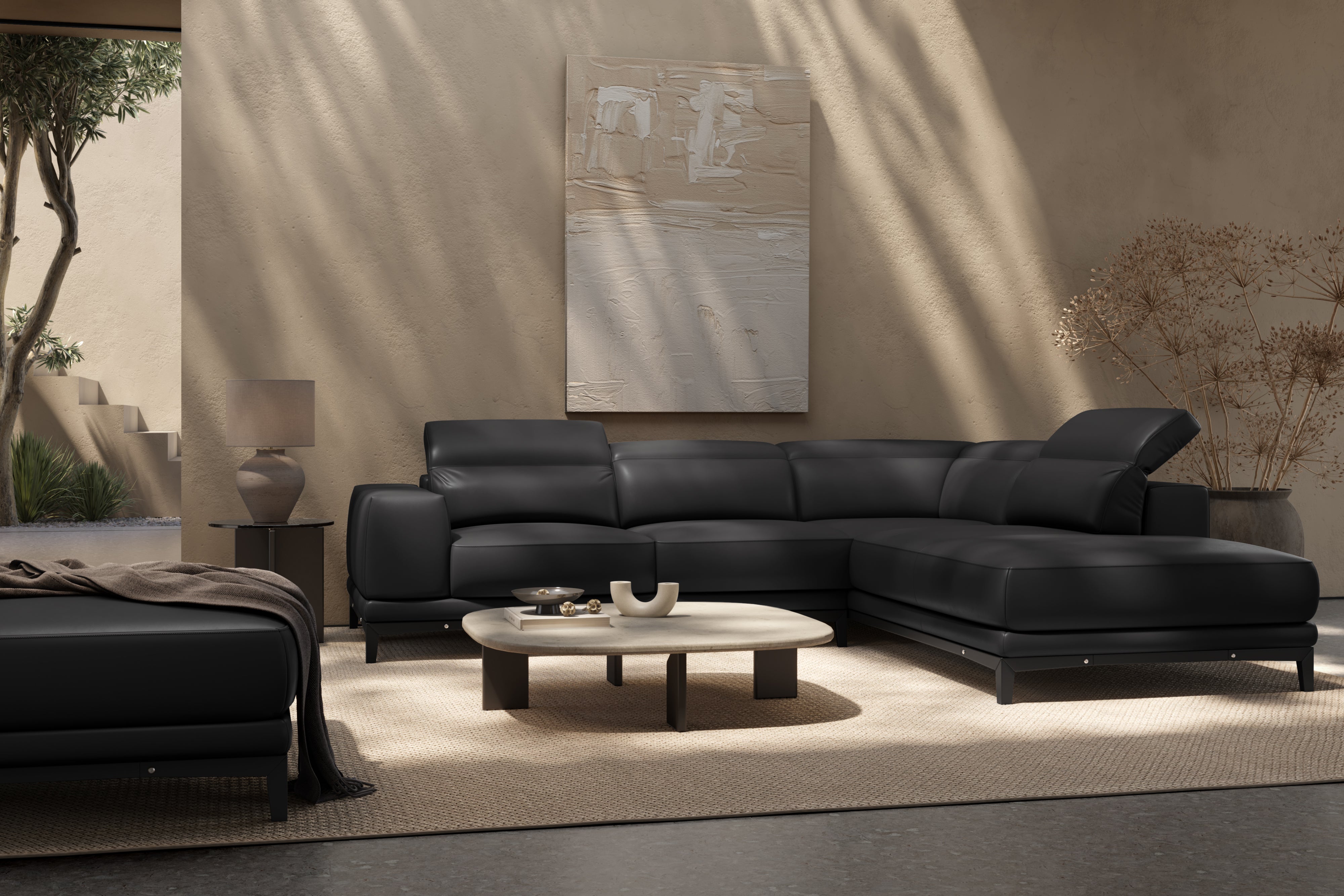 Valencia Valletta Top Grain Leather Sectional L-Shape with Right Chaise Sofa, Black