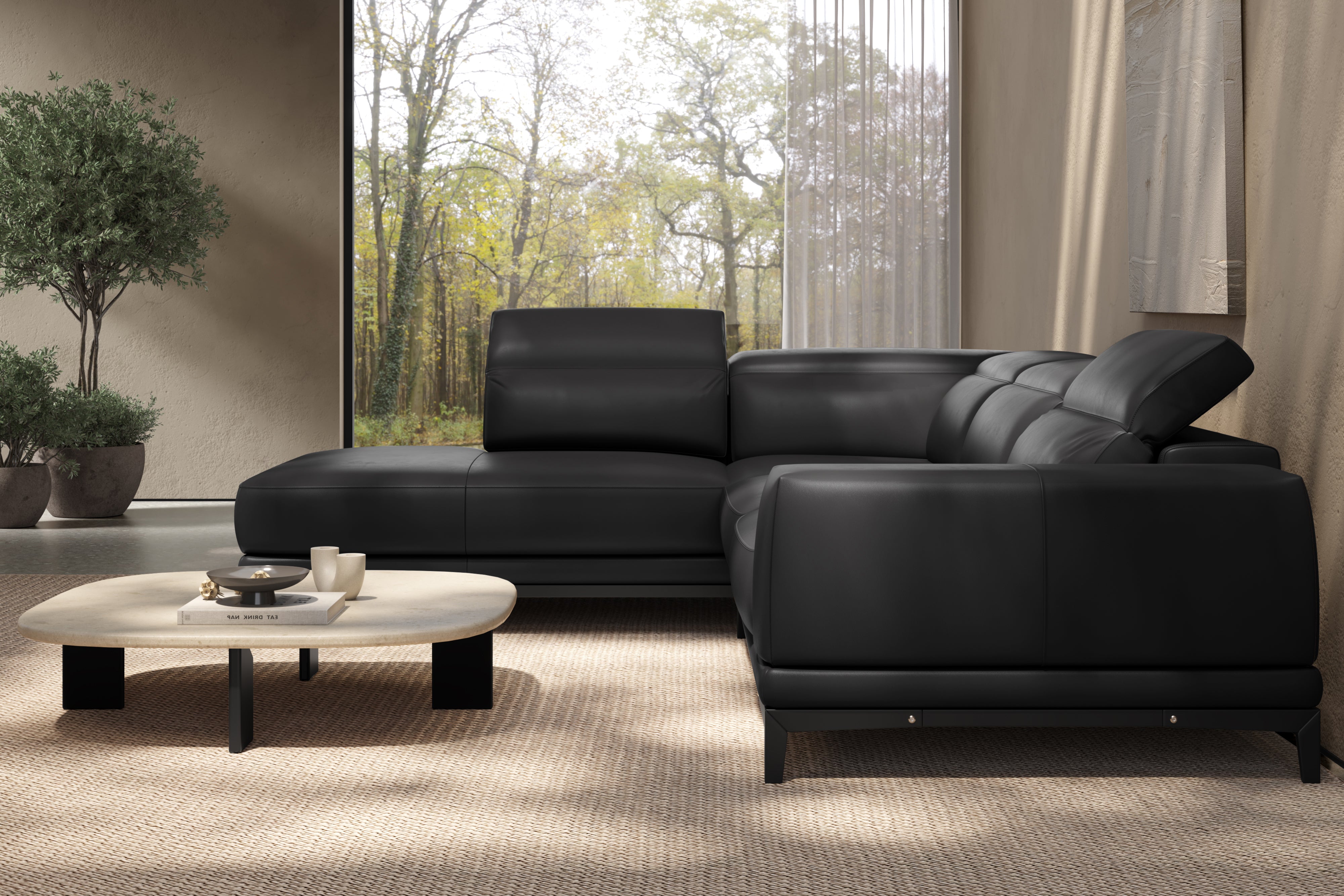 Valencia Valletta Top Grain Leather L-Shape with Left Chaise Sofa, Black