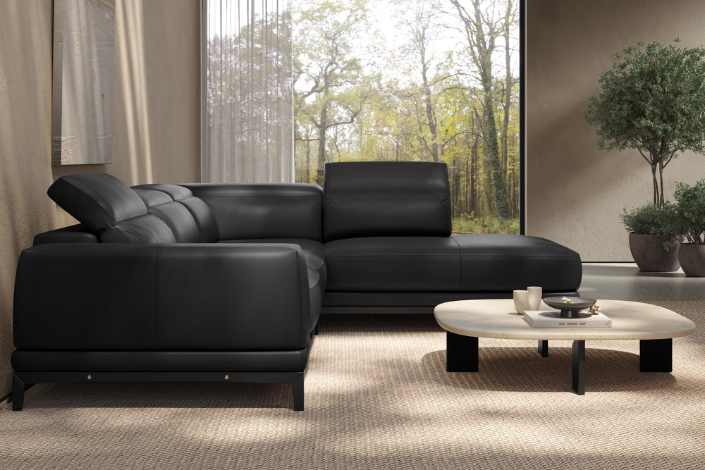 Valencia Valletta Top Grain Leather Sectional L-Shape with Right Chaise Sofa, Black