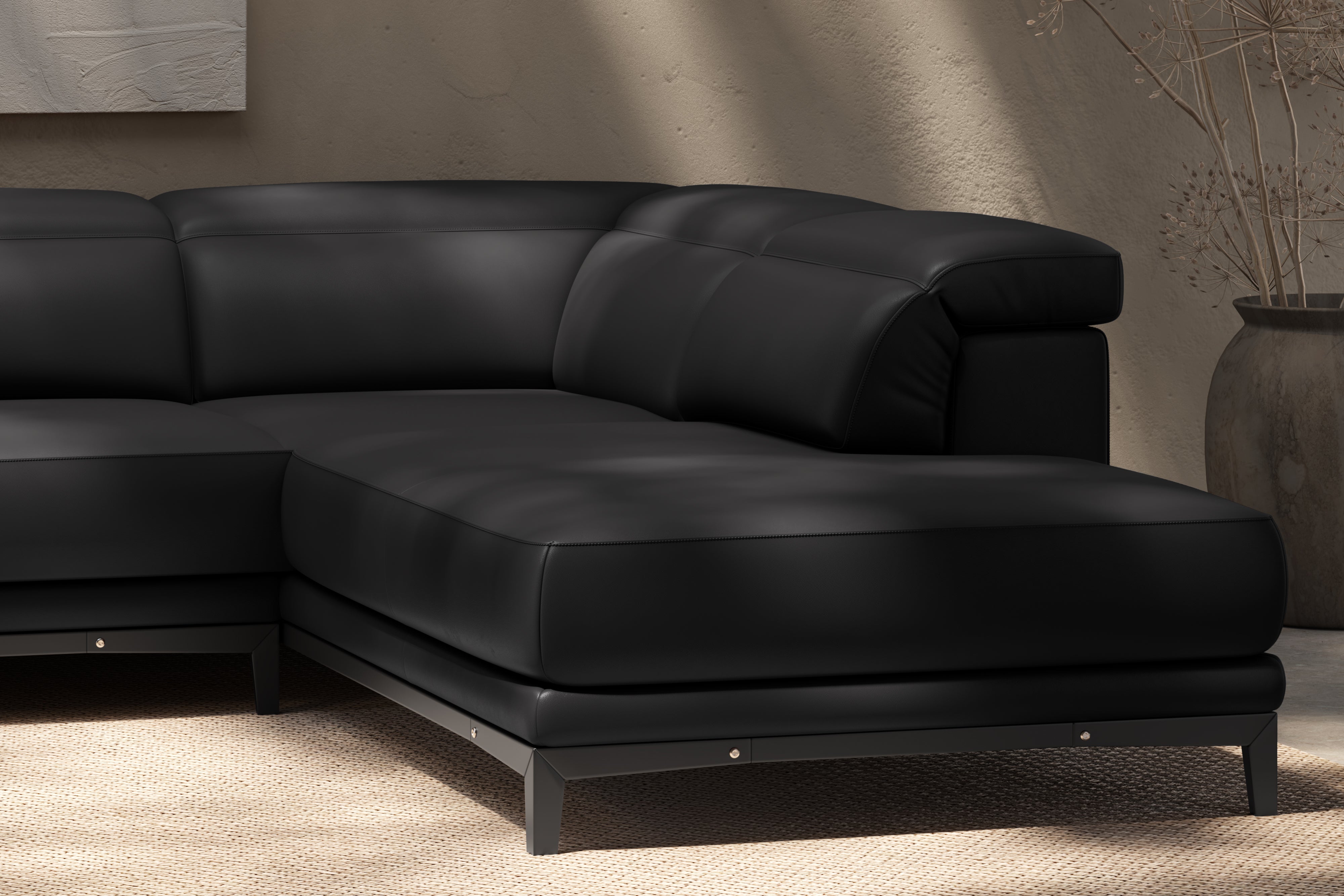 Valencia Valletta Top Grain Leather Sectional L-Shape with Right Chaise Sofa, Black