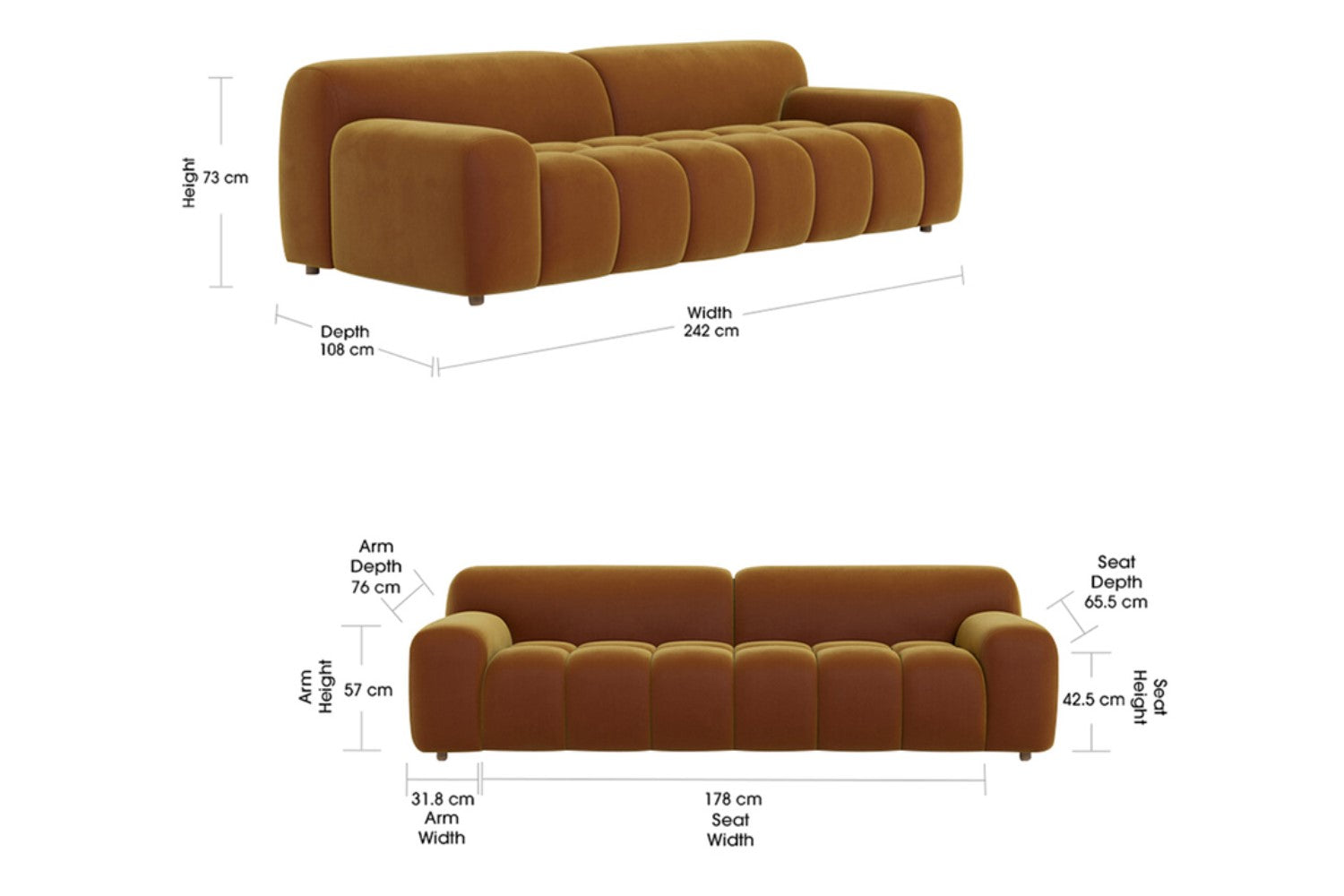 Valencia Brielle Velvet Fabric Three Seats Sofa, Caramel Brown