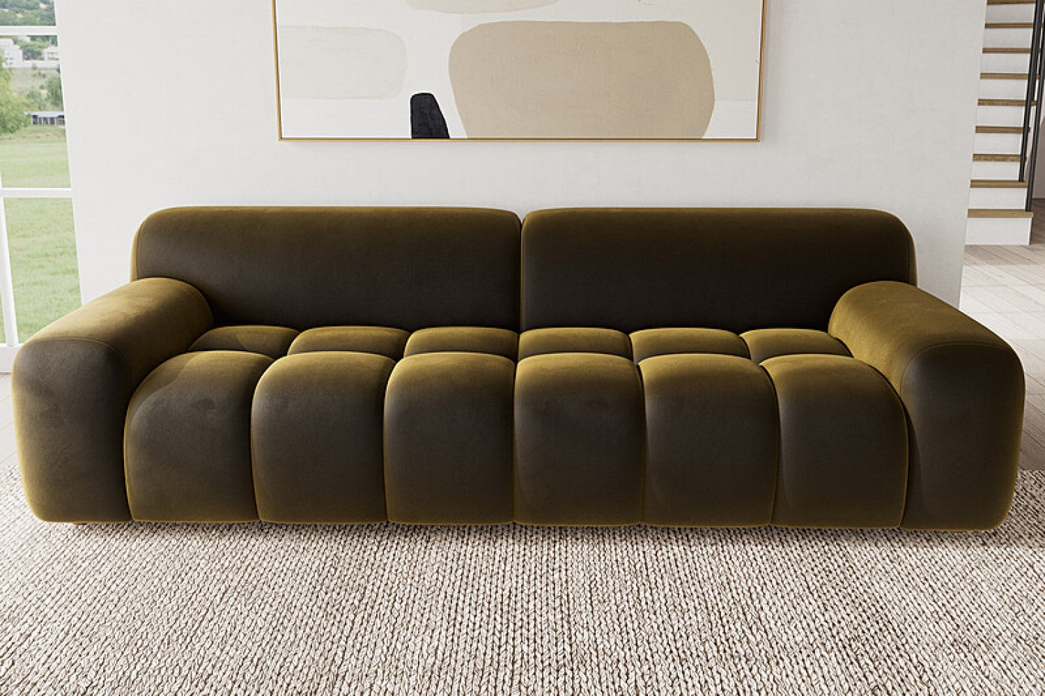 Valencia Brielle Velvet Fabric Three Seats Sofa, Olive Green