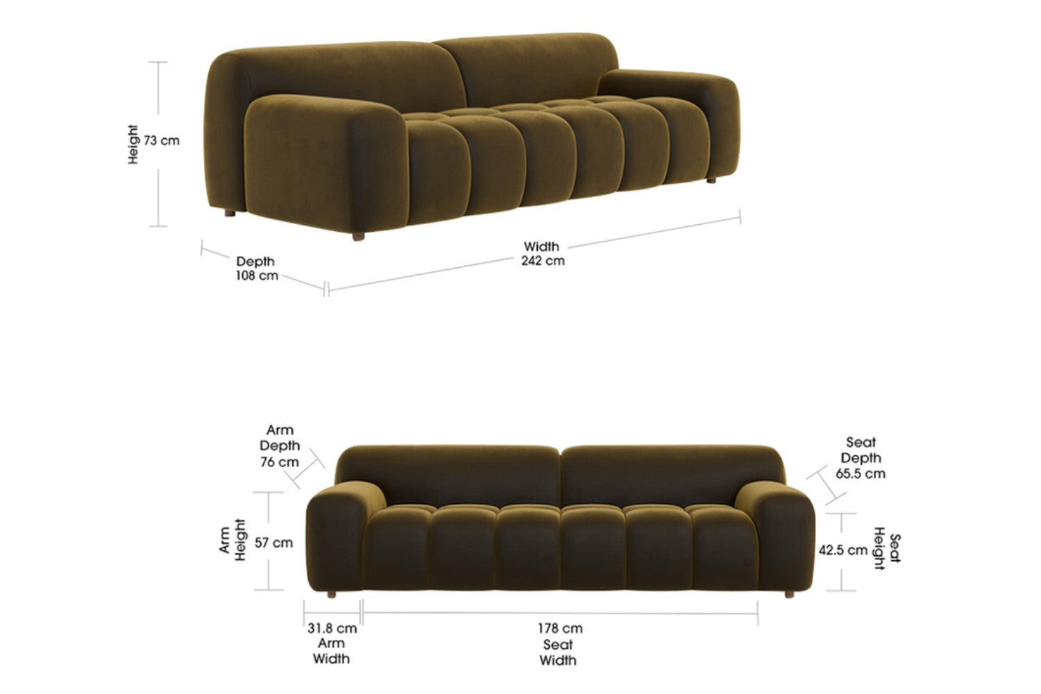 Valencia Brielle Velvet Fabric Three Seats Sofa, Olive Green