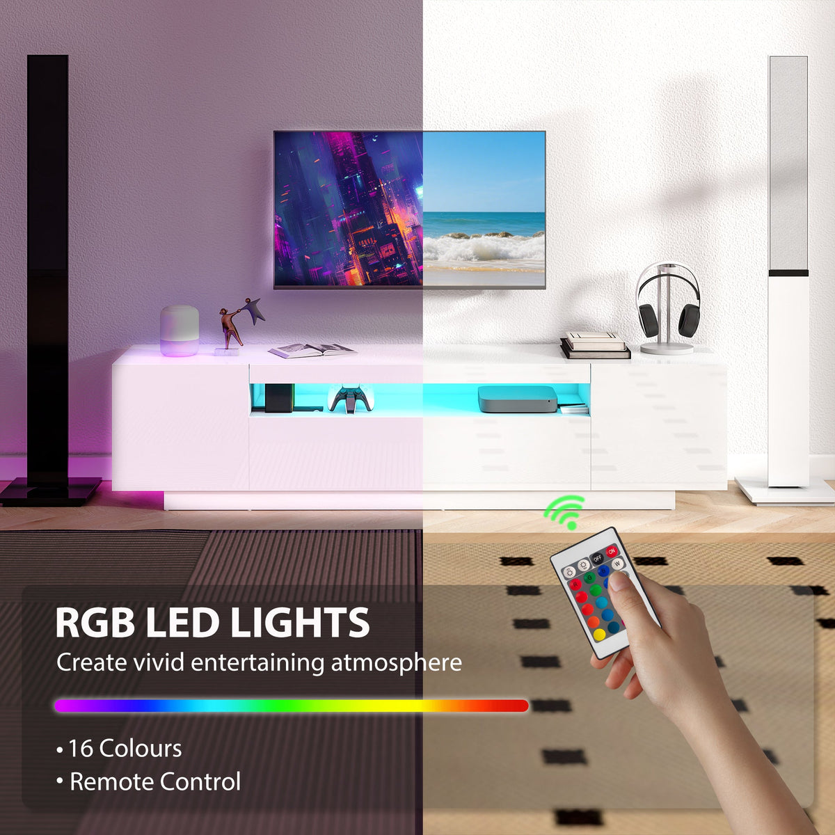 Greer Modern TV Stand with RGB LED Lights for 65-85" TVs - High Gloss White