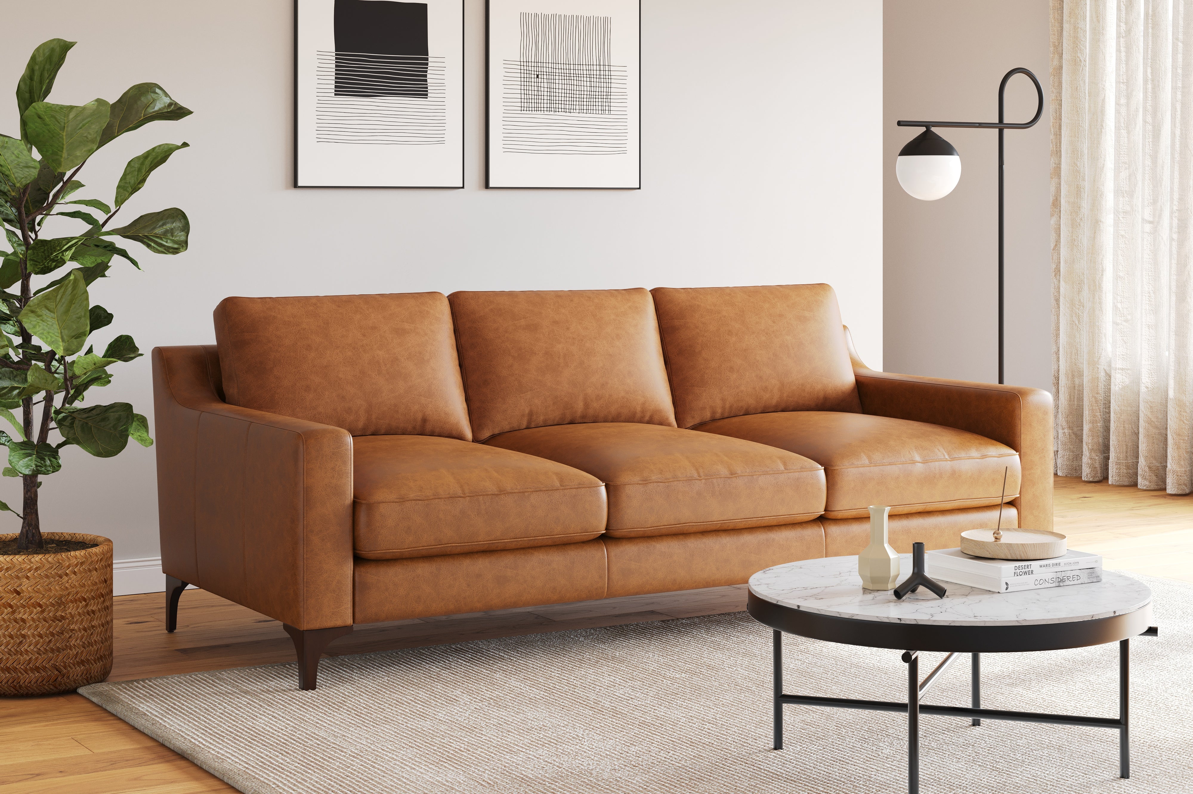 Valencia Hannah Full-Aniline Leather Three Seats Sofa, Saddle Tan