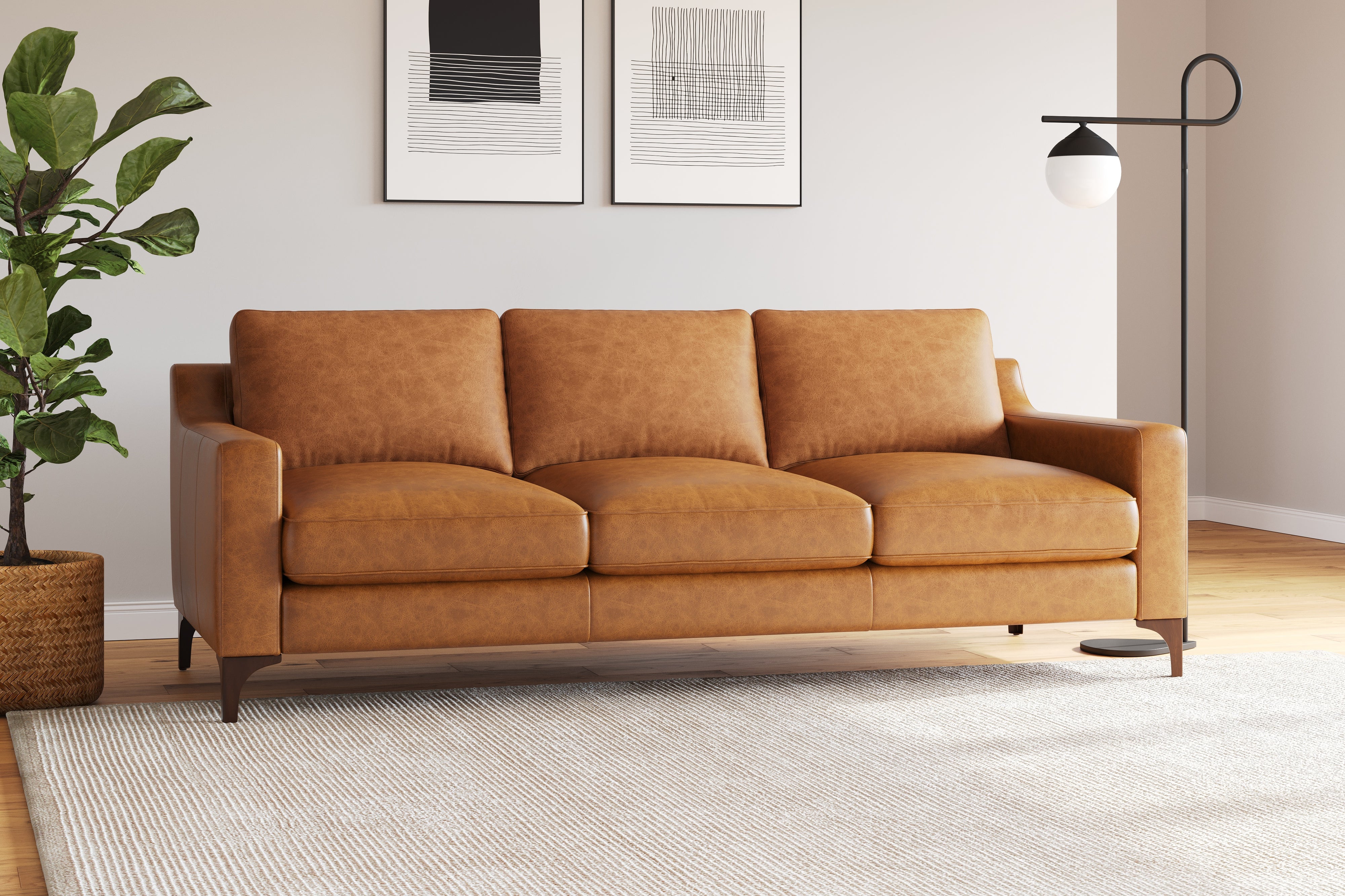 Valencia Hannah Full-Aniline Leather Three Seats Sofa, Saddle Tan