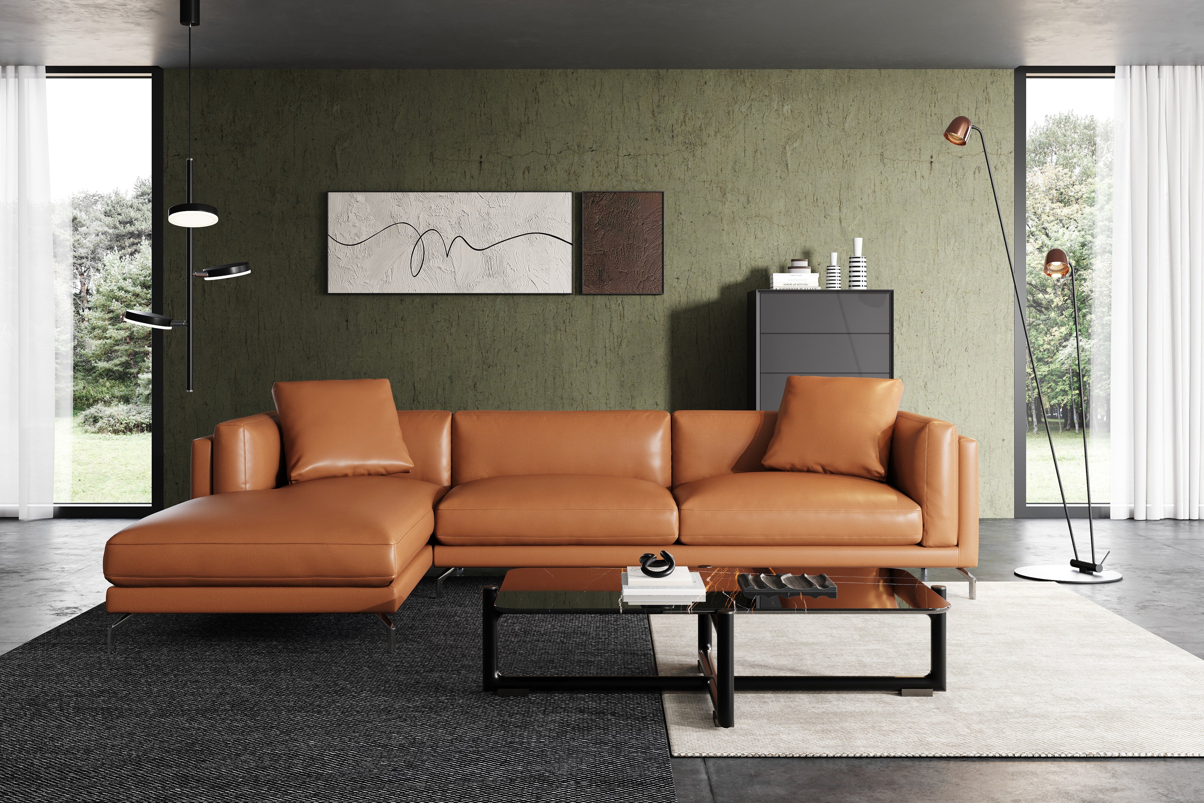 Valencia Zadar Leather Sofa with Left Chaise, Cognac