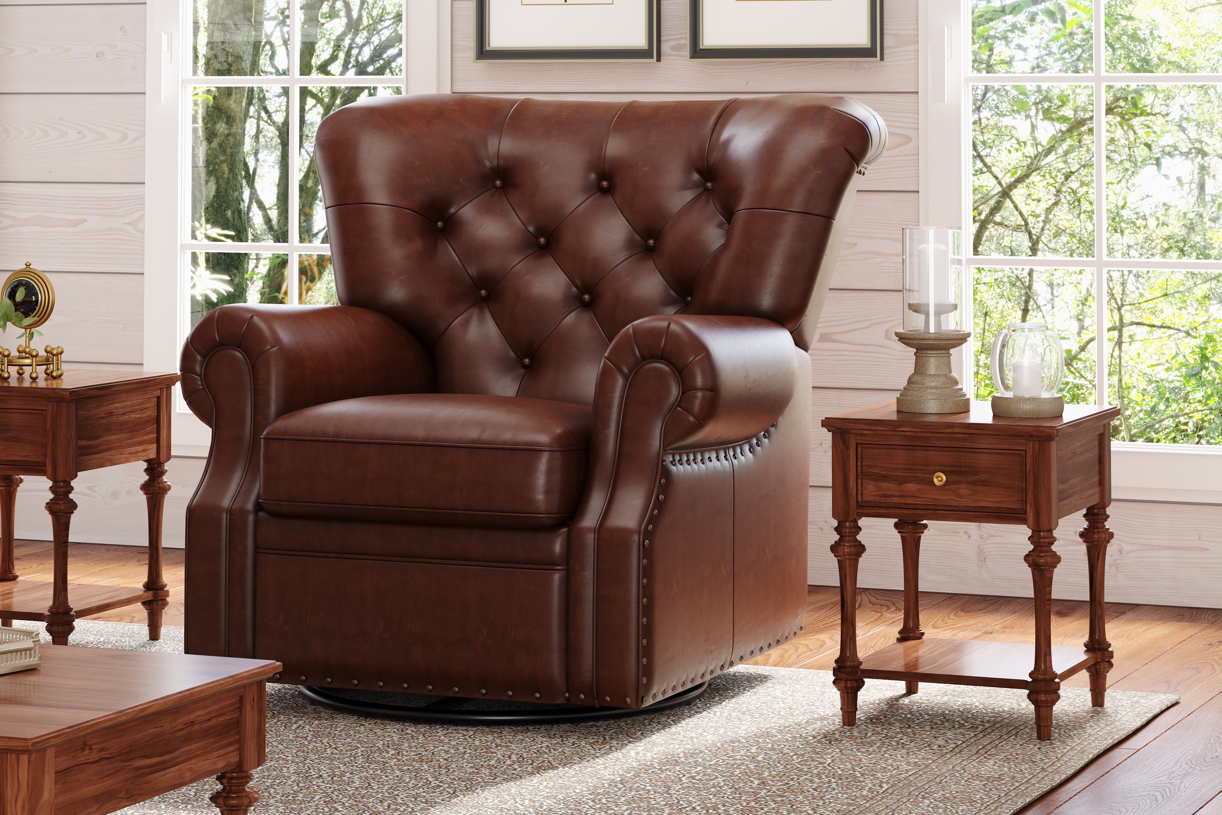 Valencia Liam Tufted Full-Anline Leather Recliner with Nailheads, Single Seat, Lipari Choco