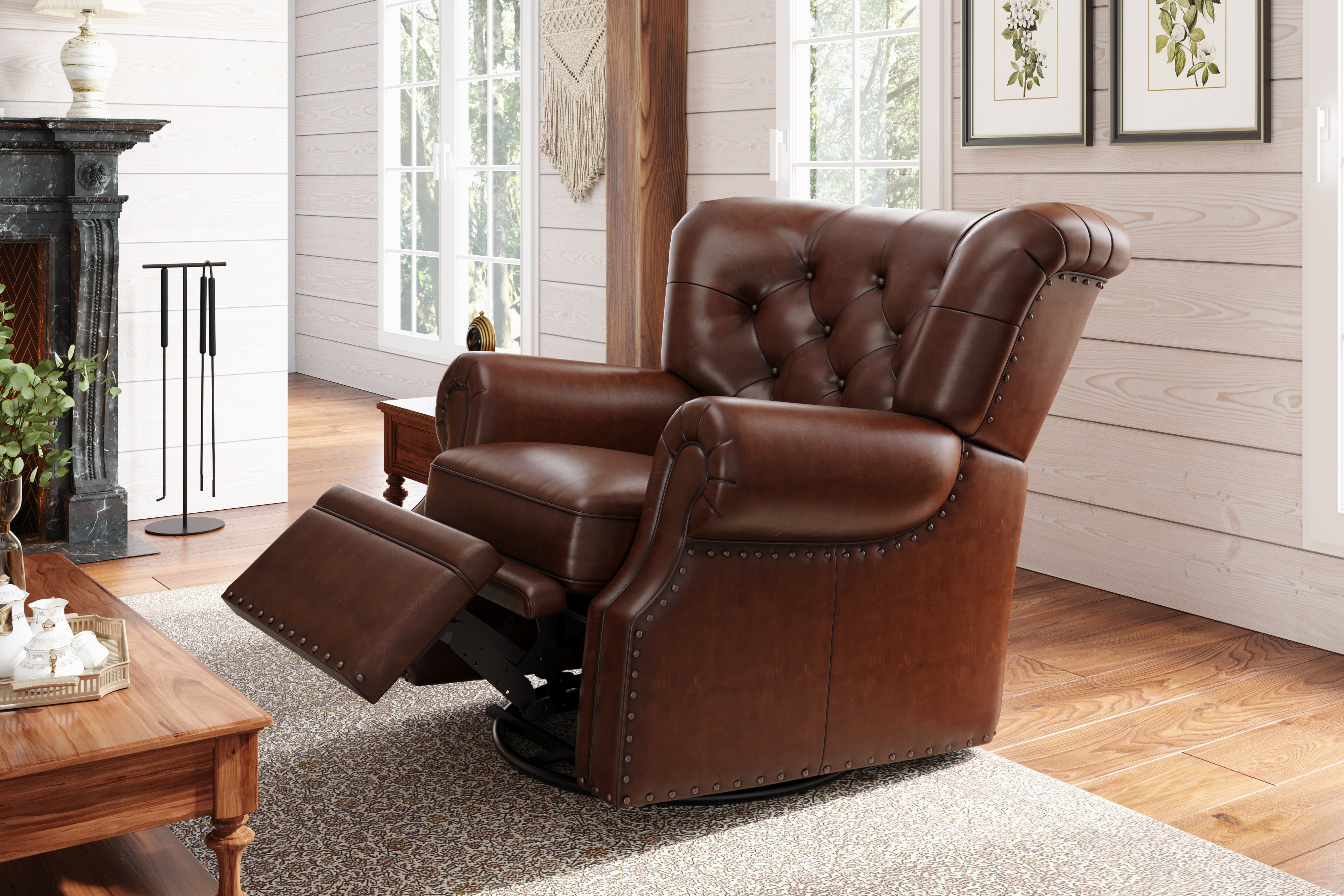 Valencia Liam Tufted Full-Anline Leather Recliner with Nailheads, Single Seat, Lipari Choco