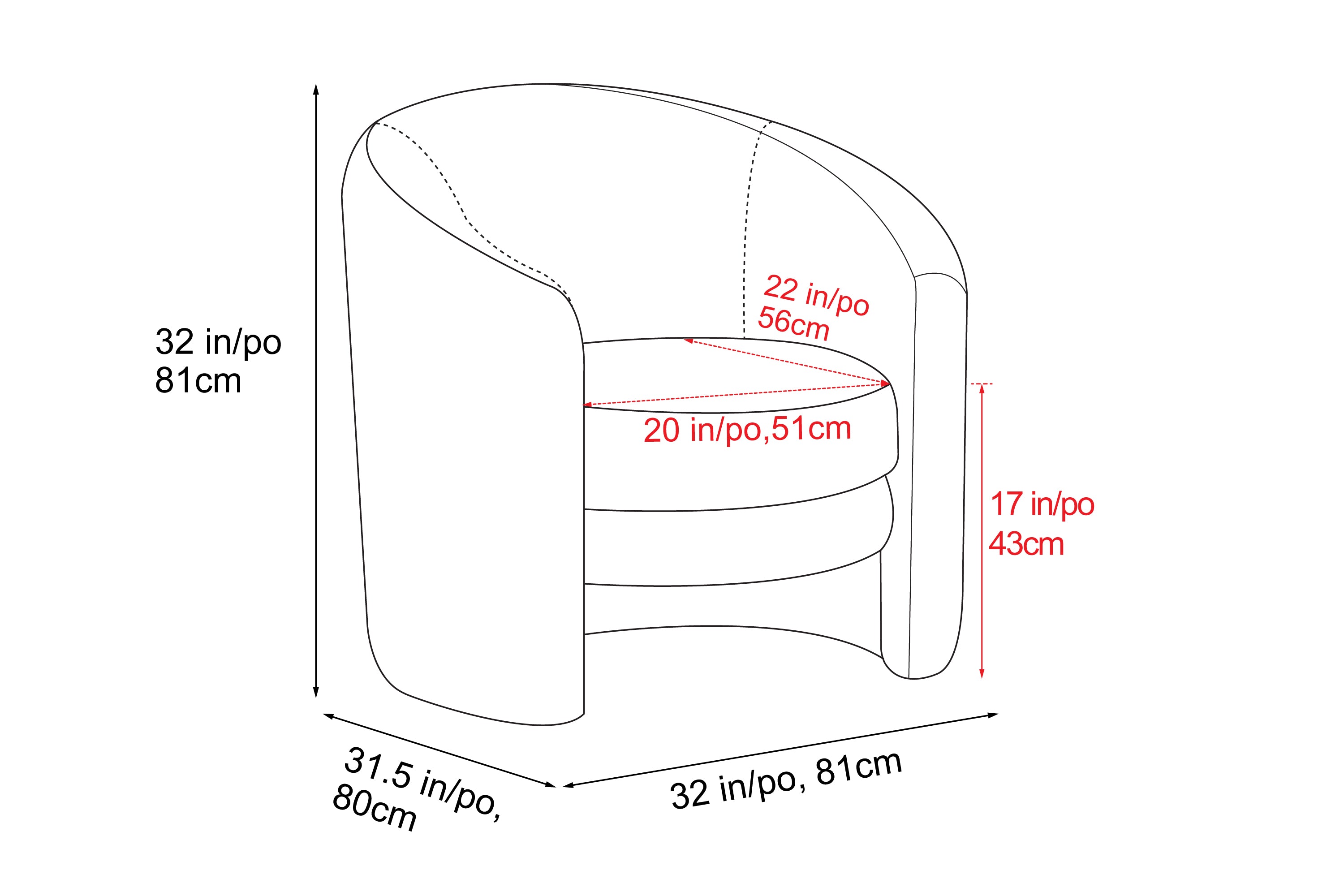 Dimension of A Luxurious, Cream White, Carla Accent Single Chair, Overall Height 32" Inches/81CM, Overall Wide 32" Inches/81CM, Overall Depth 31.5" Inches/80CM, Seat Width 20" Inches/51CM, Seat to Bottom Height 17" Inches/43CM.