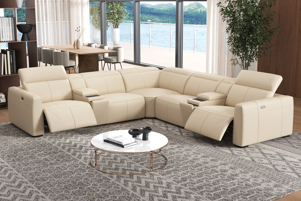 Valencia Carmen Leather L-Shape Dual Recliner with Console Sofa, Beige