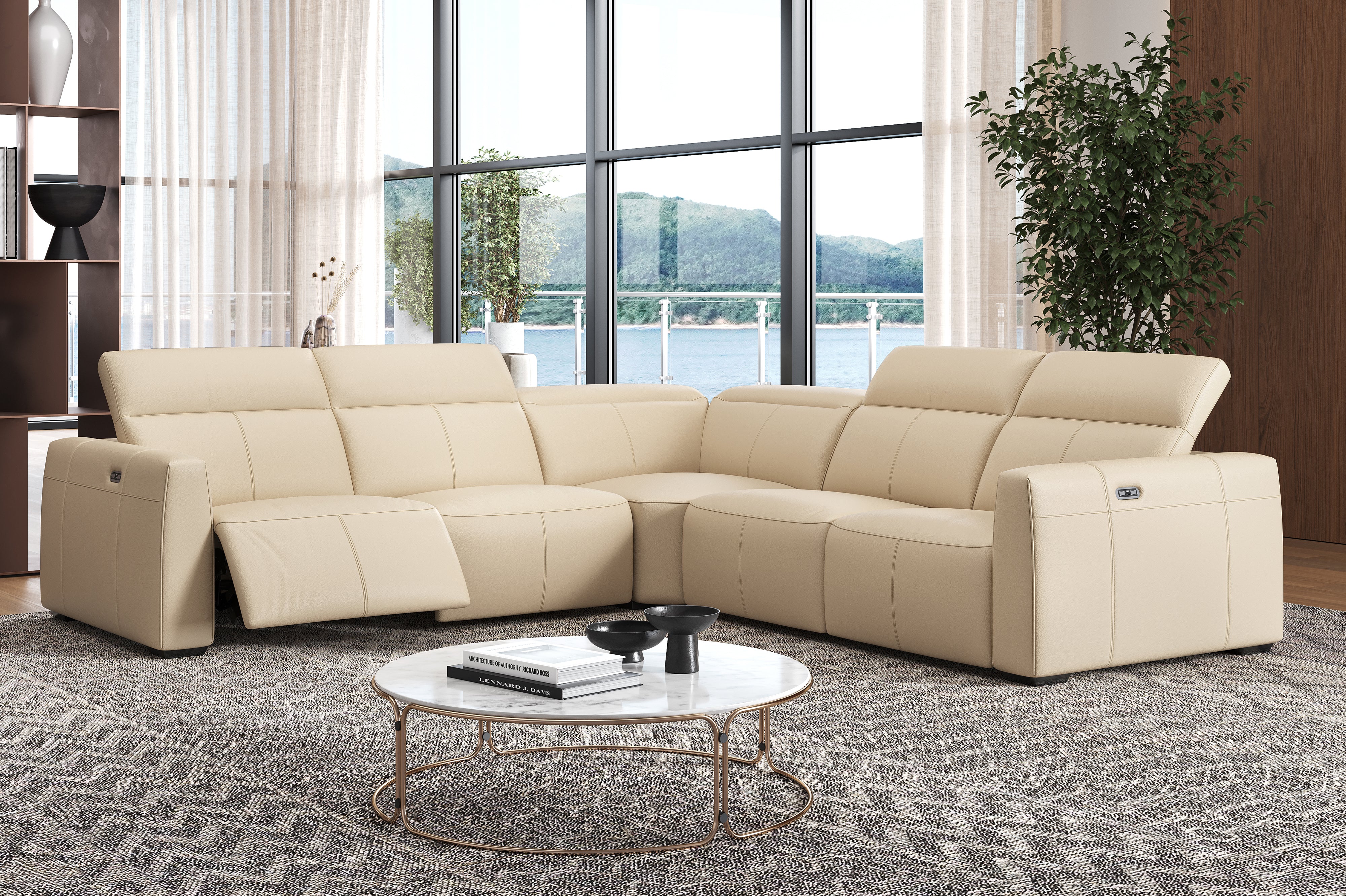 Valencia Carmen Leather L-Shape Dual Recliner Sofa, Beige