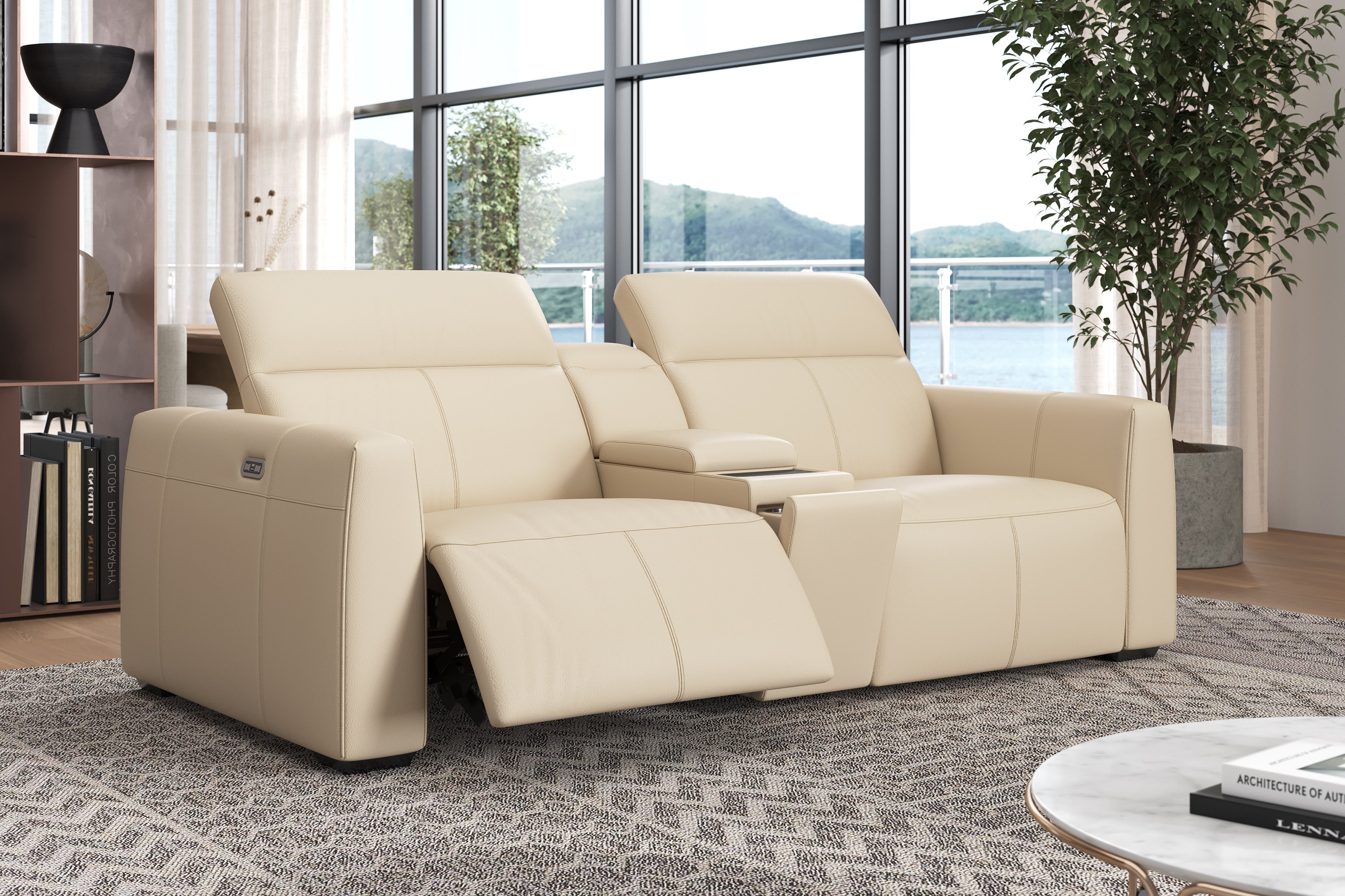 Valencia Carmen Leather Loveseat Dual Recliner with Console Lounge, Beige