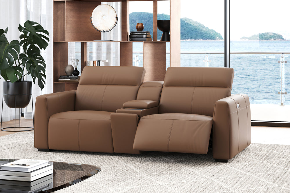 Valencia Carmen Leather Loveseat Dual Recliner with Console Sofa, Brown