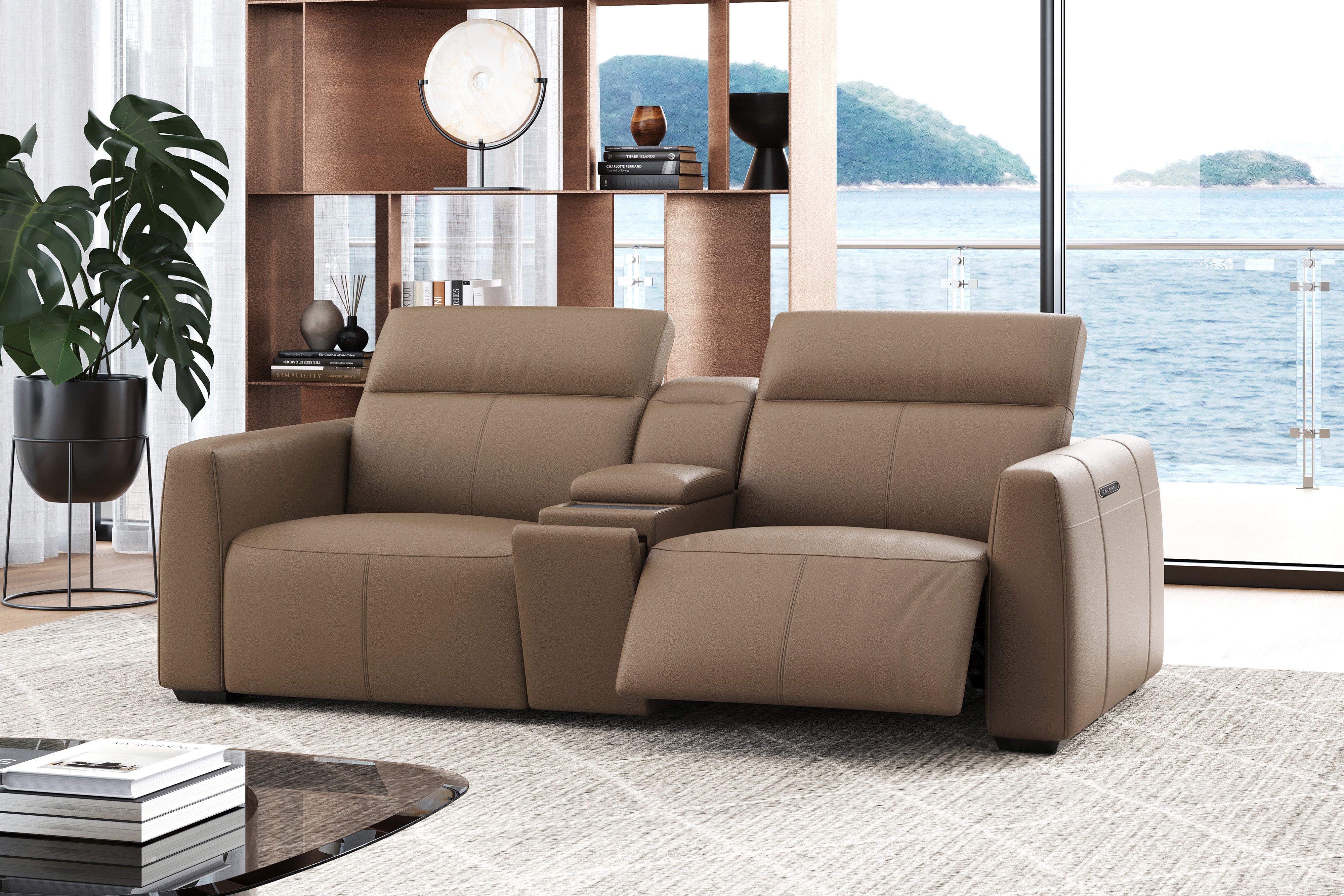 Valencia Carmen Leather Loveseat Dual Recliner with Console Lounge, Brown