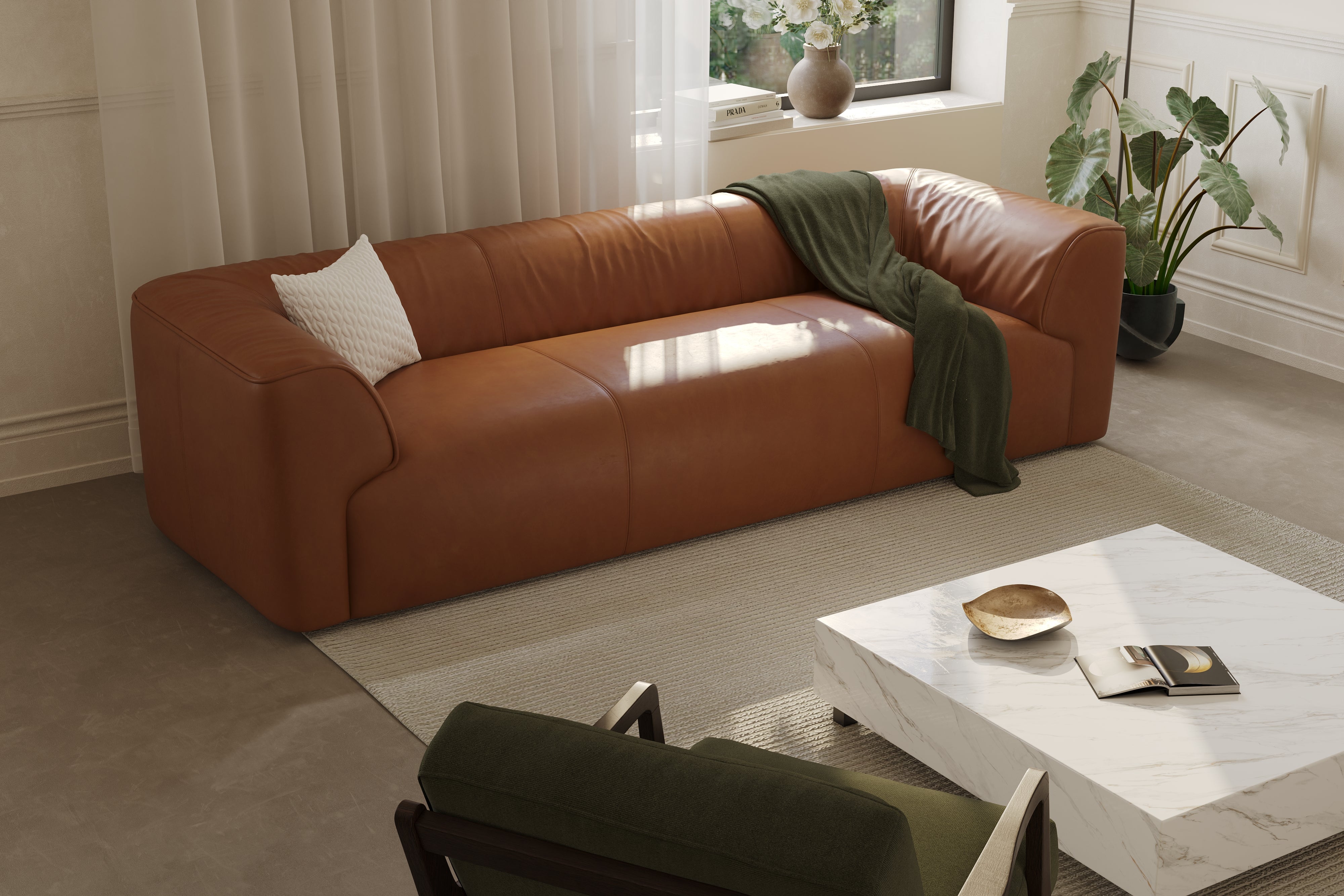 Valencia Cathleen 105" Full-Grain Aniline Leather Wide Sofa, Cognac