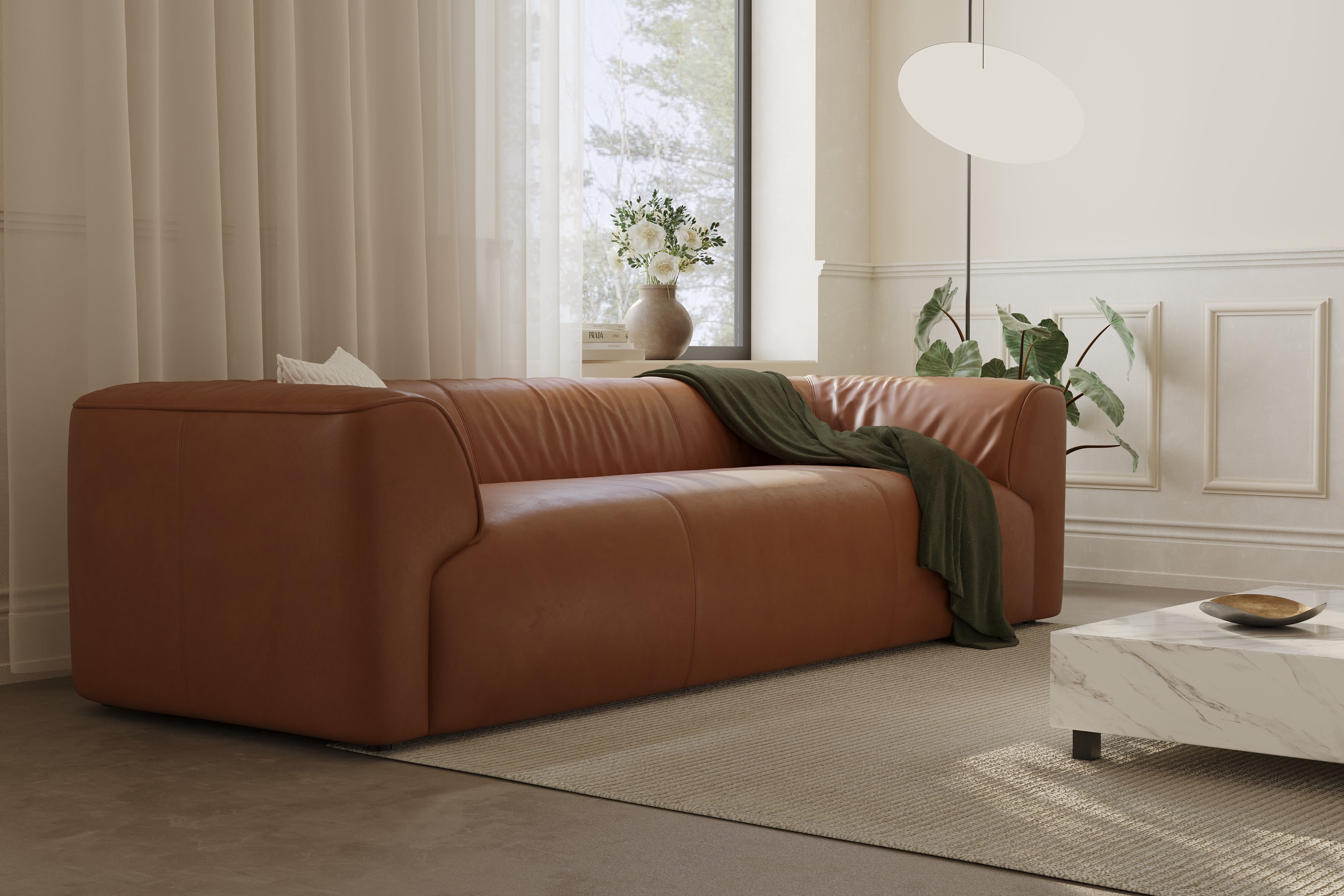 Valencia Cathleen 105" Full-Grain Aniline Leather Wide Sofa, Cognac